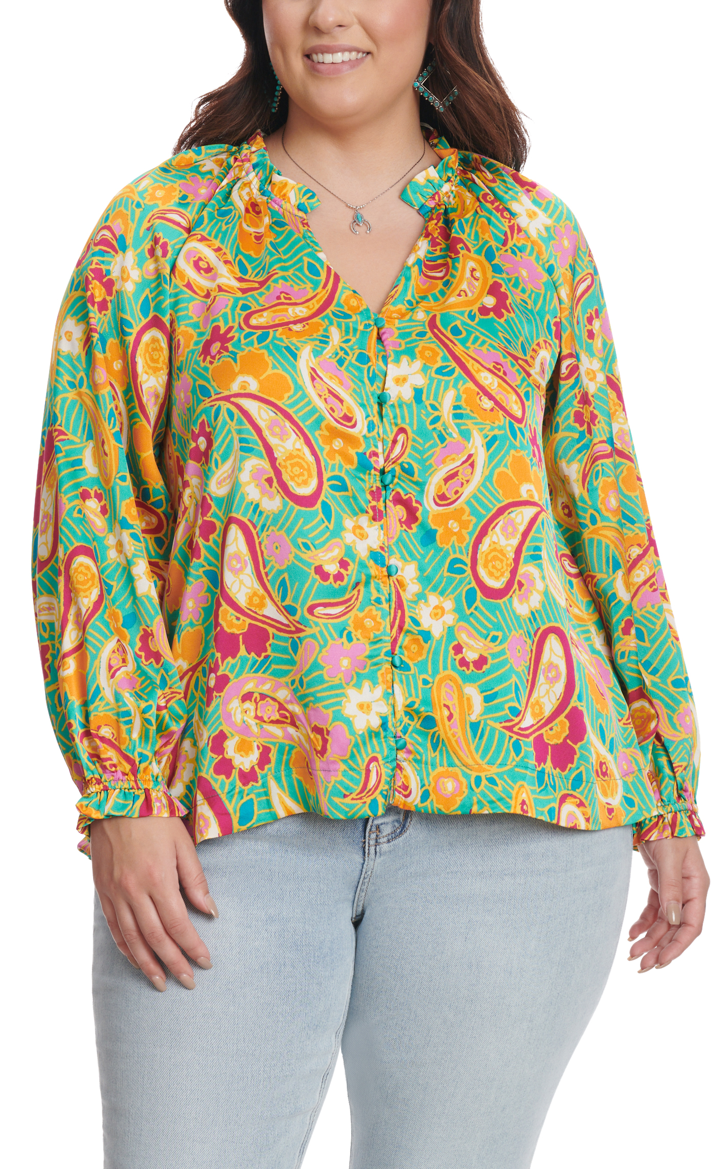 Umgee Women's Teal Green & Colorful Floral Print Top - Plus Sizes - Image 1