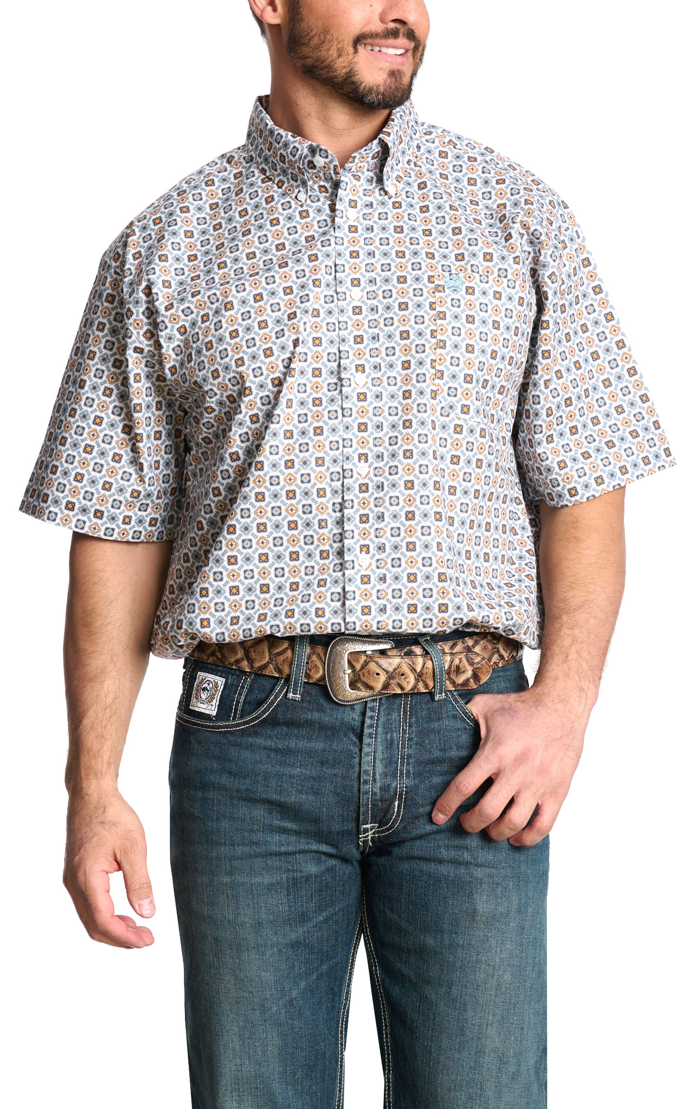 Cinch Men's Gray & Tangerine Geo Print Western Shirt - Image 1