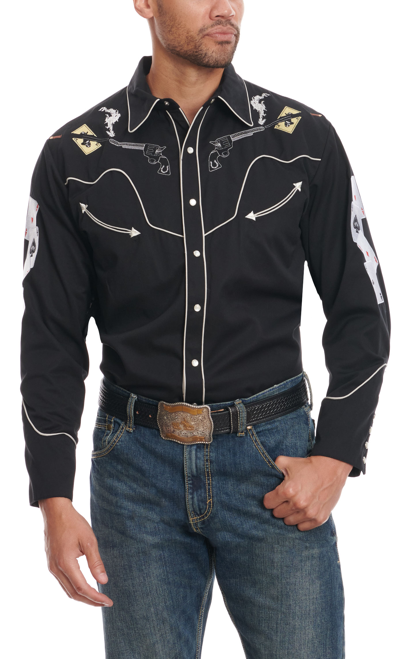 Scully Men's Black Old School Skulls Guns & Cards Embroidery Long Sleeve Western Shirt - Image 1