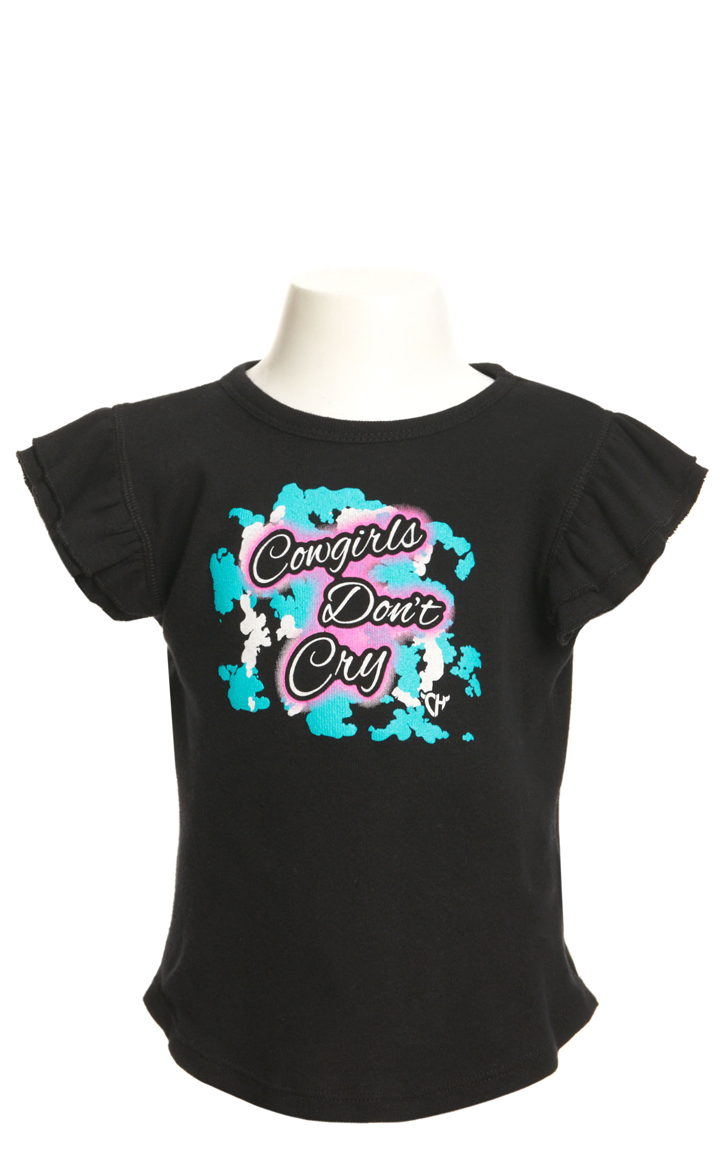 Cowgirl Hardware Toddler Girl's Black & Colorful Cowgirls Don't Cry Flutter Short Sleeve Top - Image 1