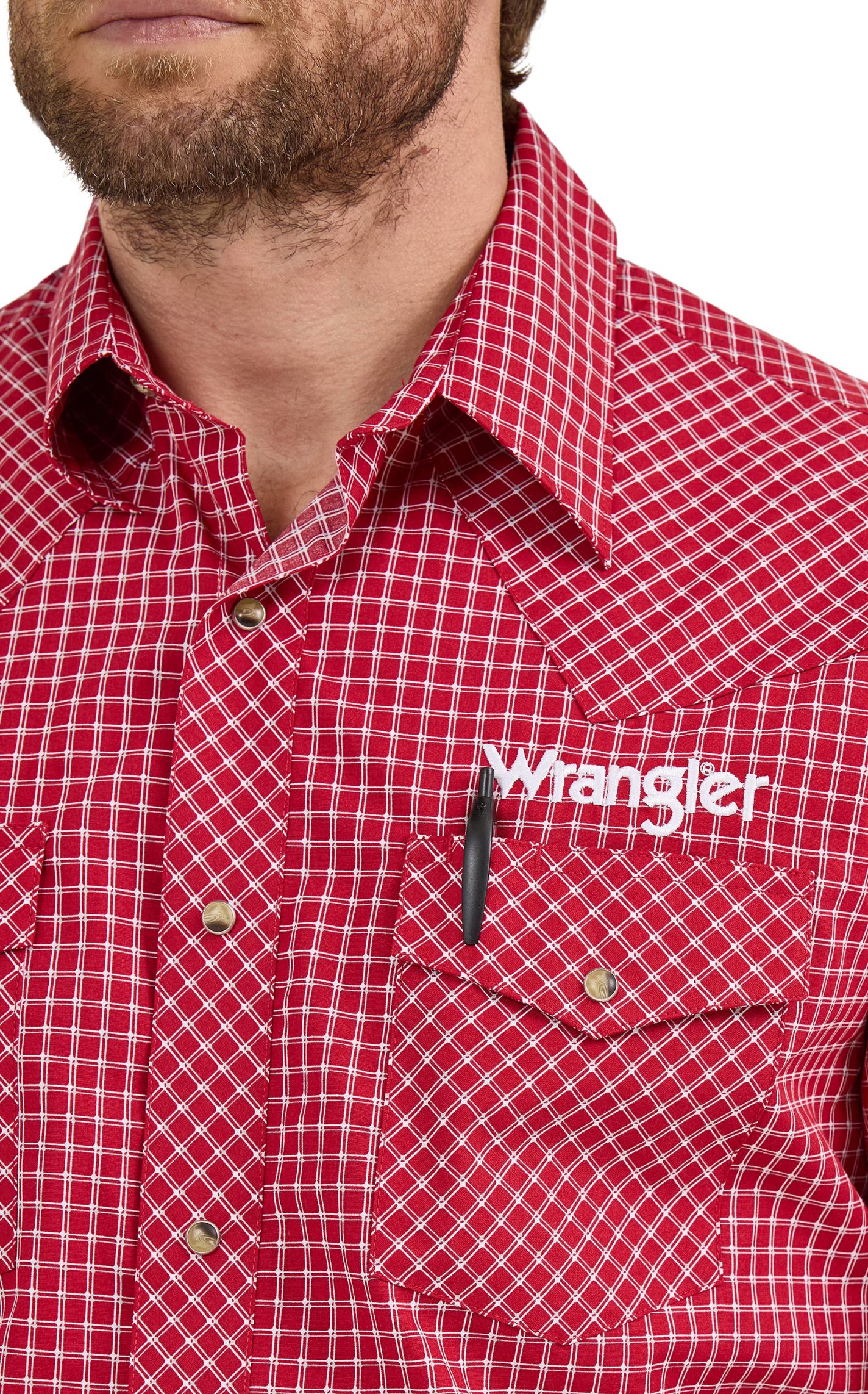 Wrangler Men's Red Plaid Embroidered Logo Western Shirt - Image 1