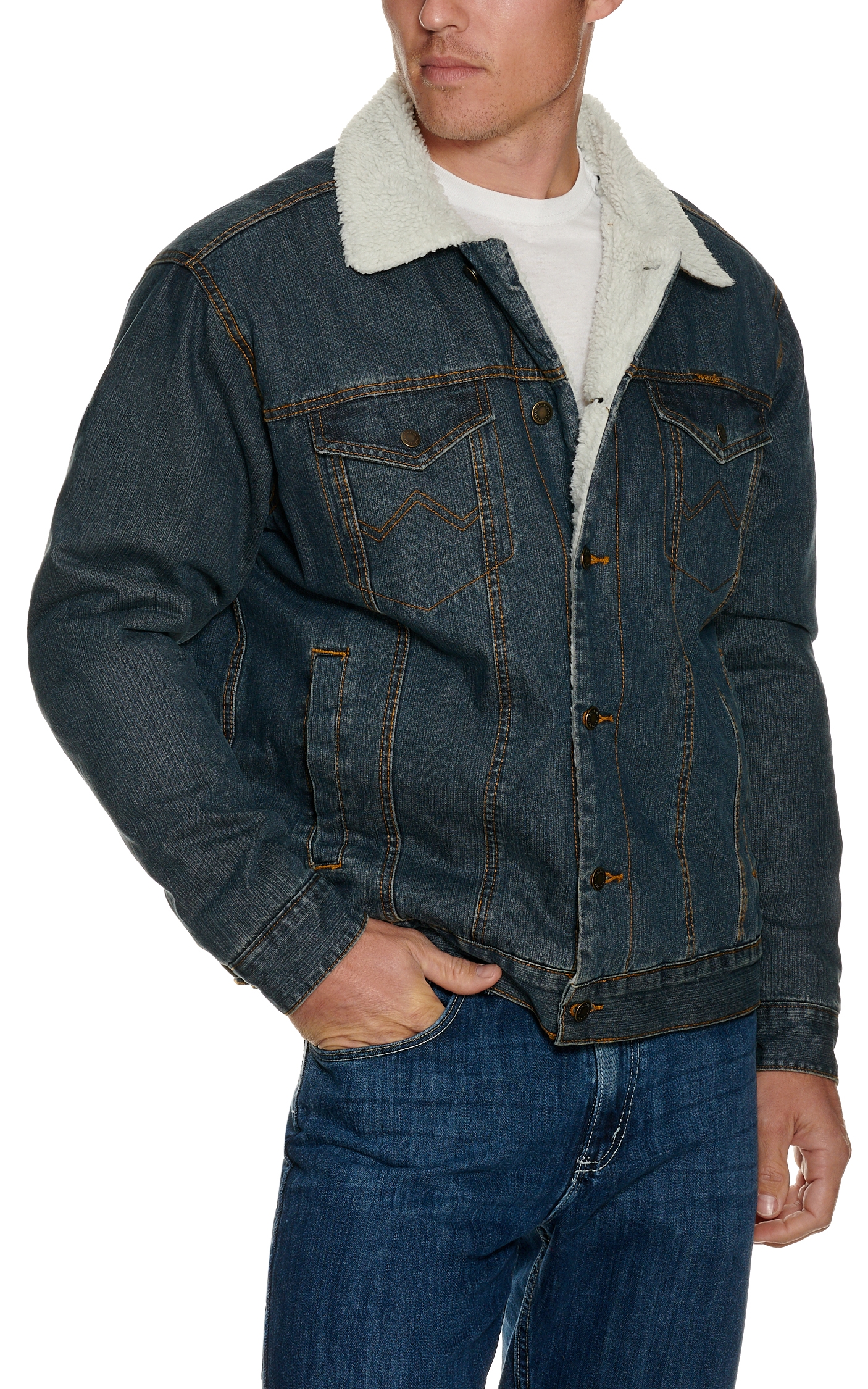 Wrangler Men's Sherpa Lined Dark Stonewash Denim Jacket - Image 1