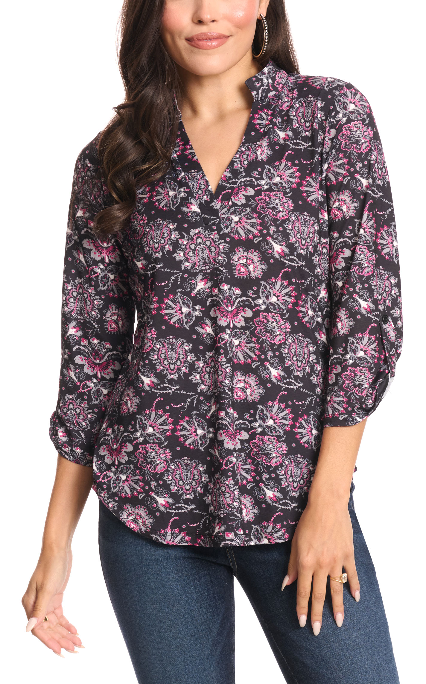 Cowgirl Hardware Women's Black & Raspberry Peacock Paisley Hi-Lo Top - Image 1