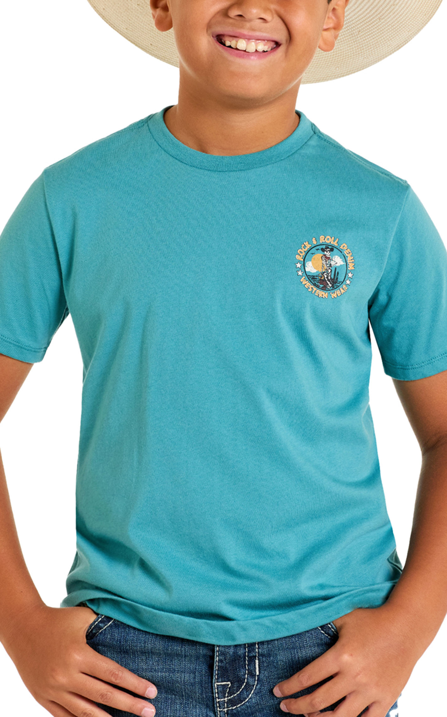 Rock & Roll Denim Boy's Teal Cowboy Skeleton Logo Graphic T-Shirt  - Image 1