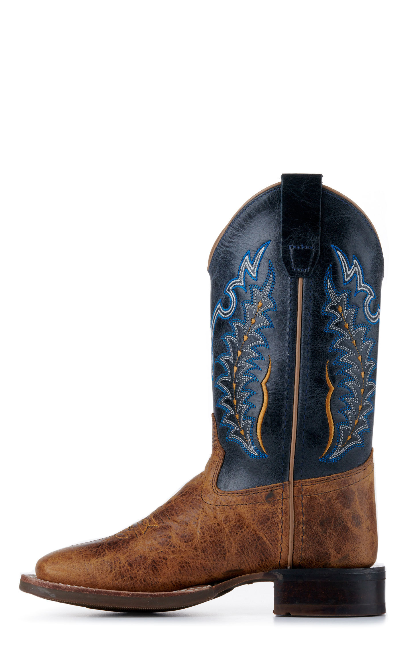 Old West Kids Burnt Tan and Navy Blue Wide Square Toe Cowboy Boots - Image 1