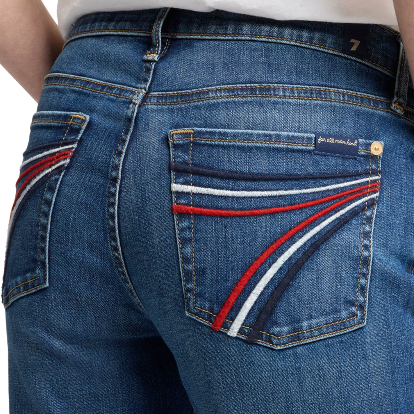 7 For All Mankind Women's DOJO Tailorless Medium Wash Royalty Red White & Blue Pocket Jeans - Image 4