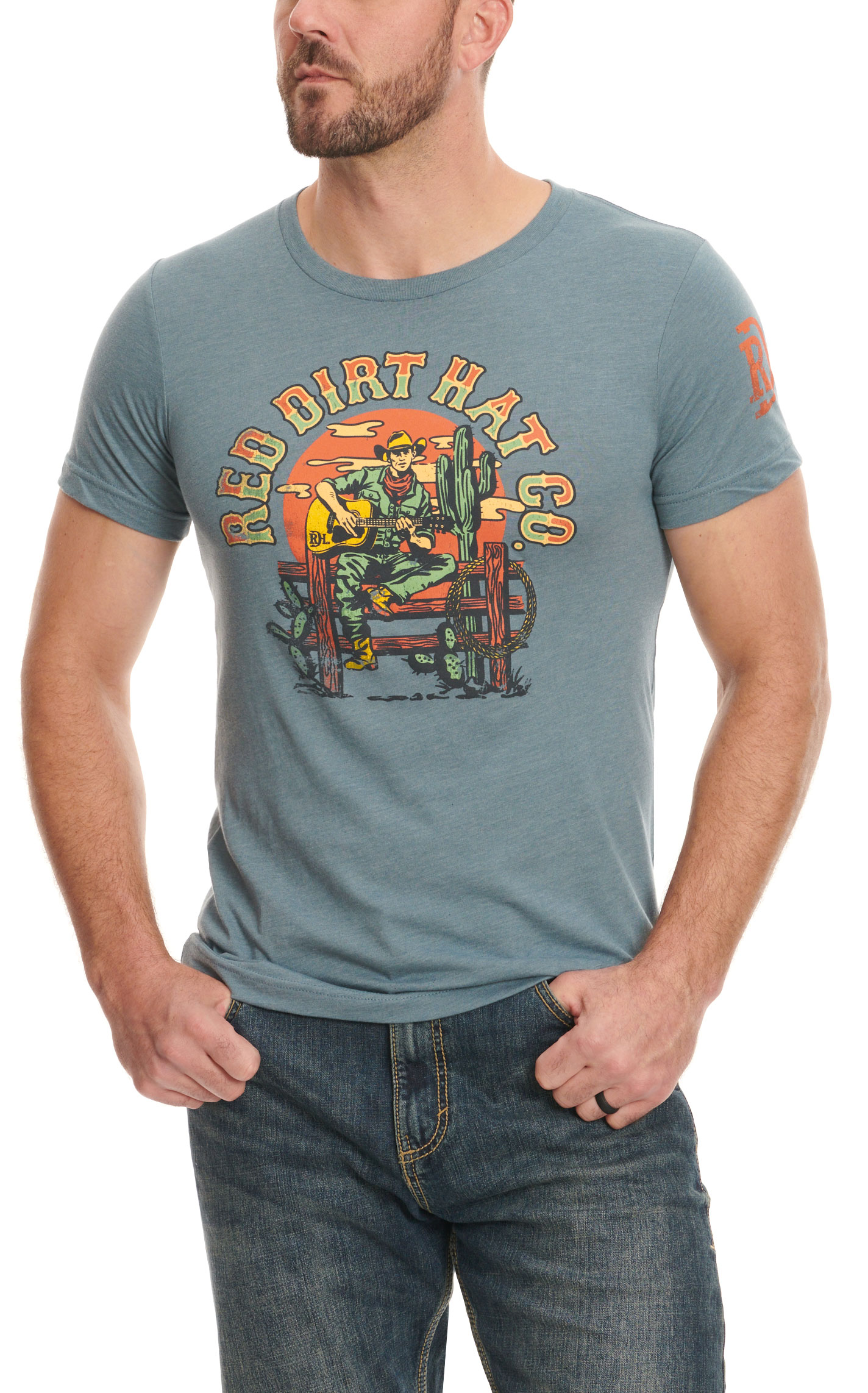 Red Dirt Hat Co. Men's Stone Blue Singing Cowboy Logo Graphic Short Sleeve T-Shirt - Image 1