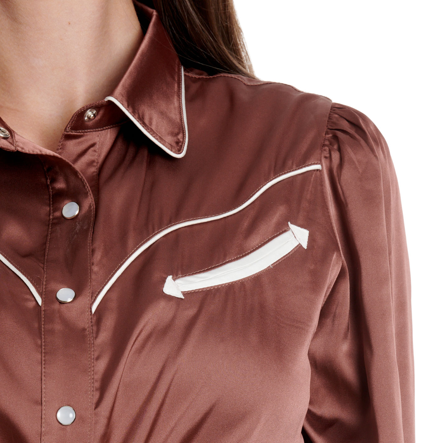 Rockin' C Women's Brown Satin Embroidered Pocket Western  Top - Image 1