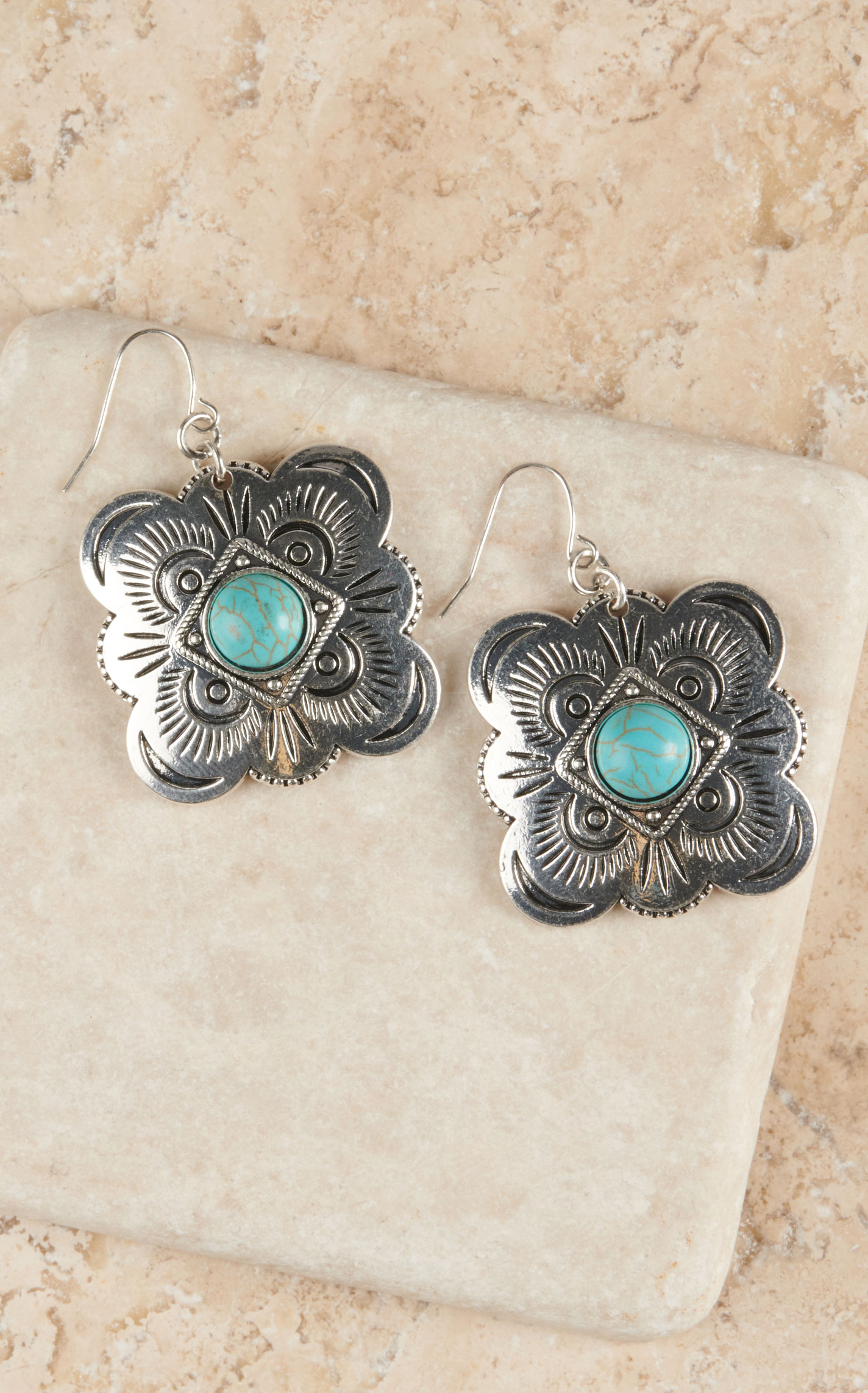 Justin Women's Silver Etched Concho with Turquoise Stone Earrings - Image 1