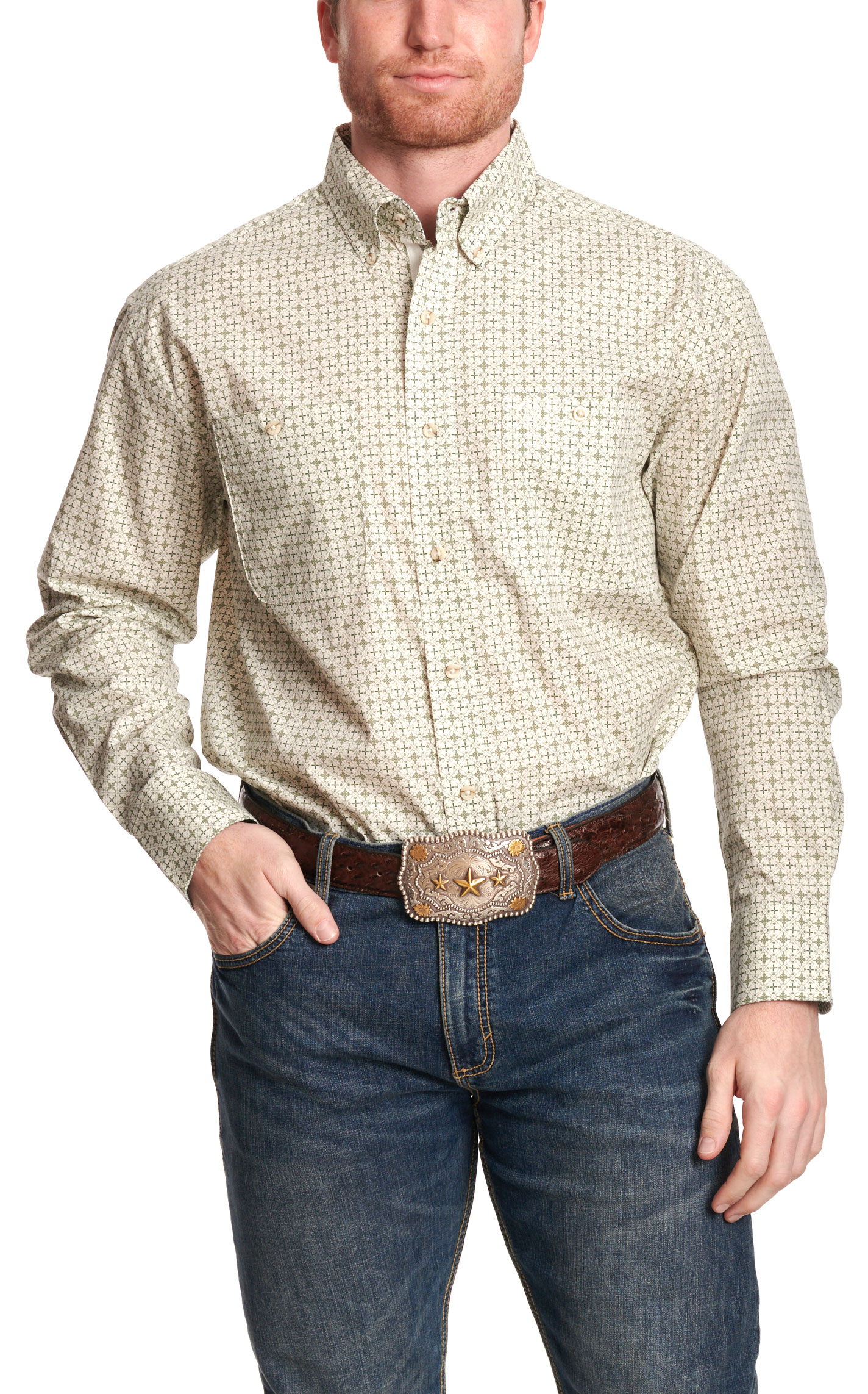 Wrangler Men's George Strait Collection Tan & White Geo Print Western Shirt - Image 1