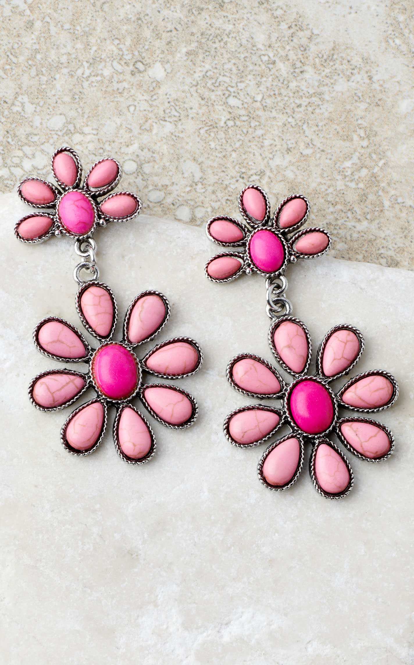 Rockin C Silver & Pink Stone Squash Blossom & Flower Dangle Earrings - Image 1