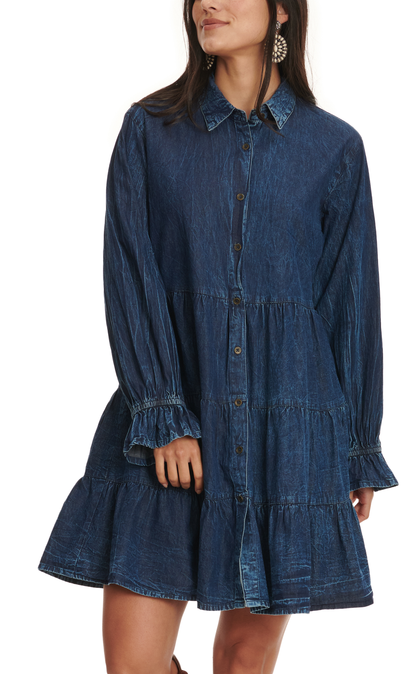 Rockin C Women's Dark Wash Denim Blue Long Sleeve Tiered Dress - Image 1