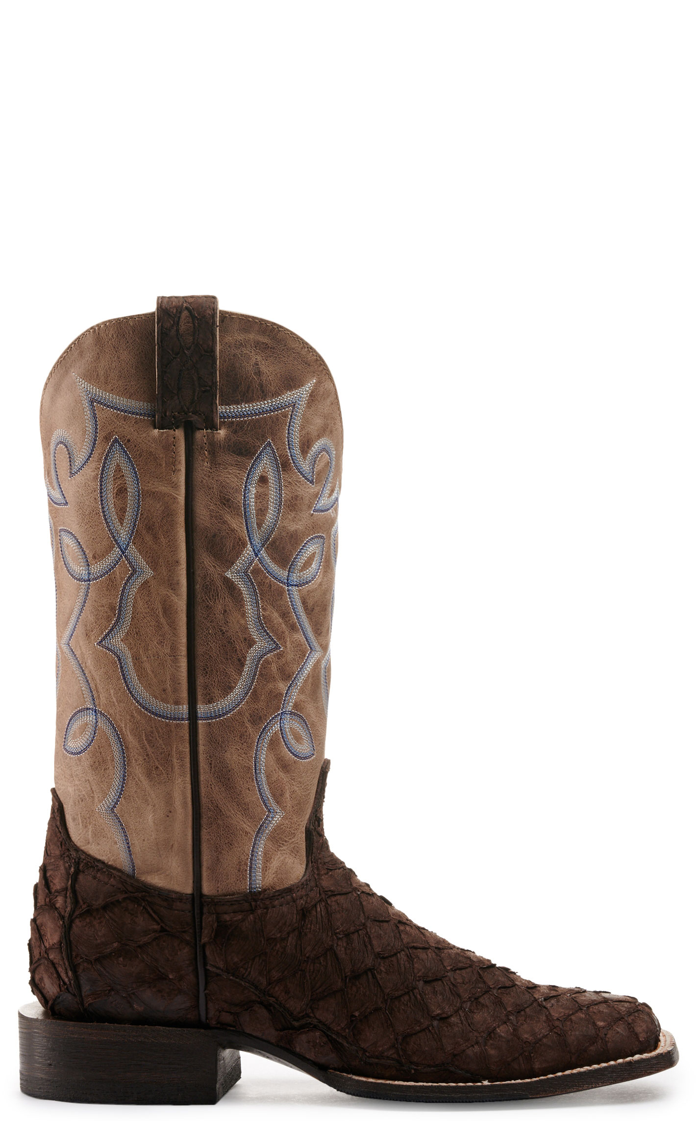Cavender's Men's Chocolate Pirarucu and Orix Tan Cowhide Wide Square Toe Exotic Cowboy Boots - Image 1