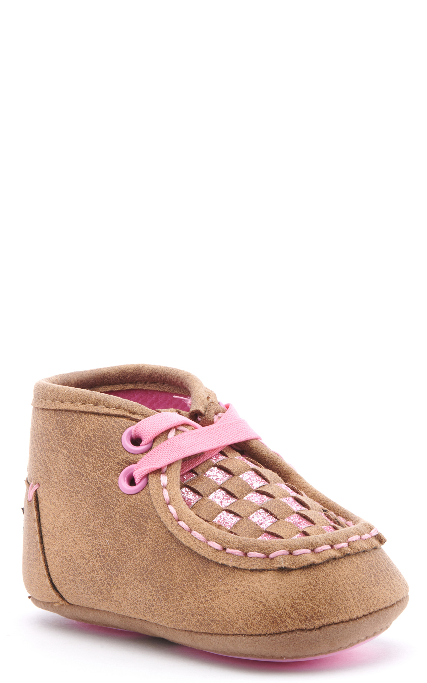 Twister Infant Lauren Baby Bucker Brown and Pink Glitter Woven Moc Shoes - Image 1