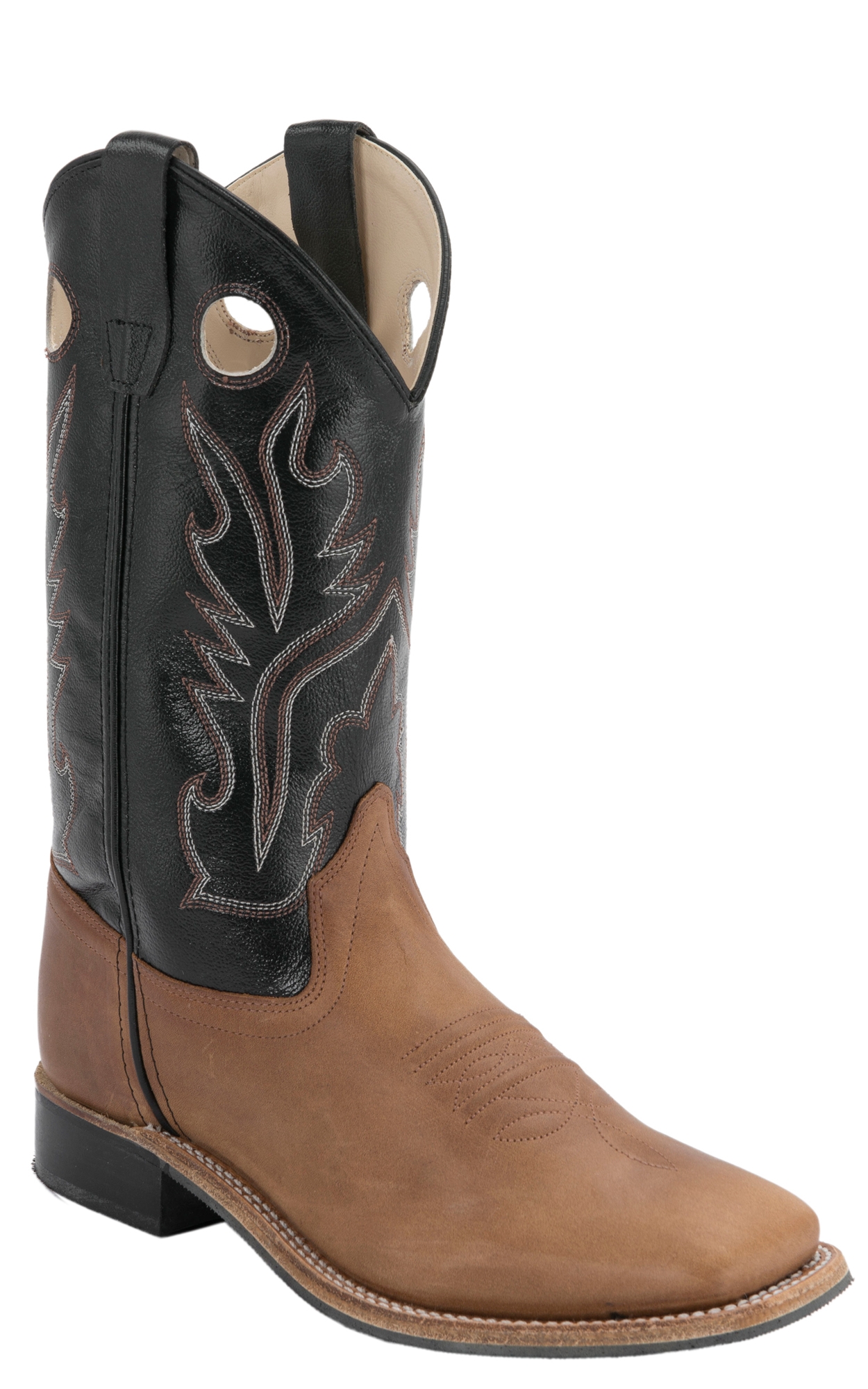 Old West Youth Distressed Brown and Black Corona Calf Leather Square Toe Cowboy Boots - Image 1