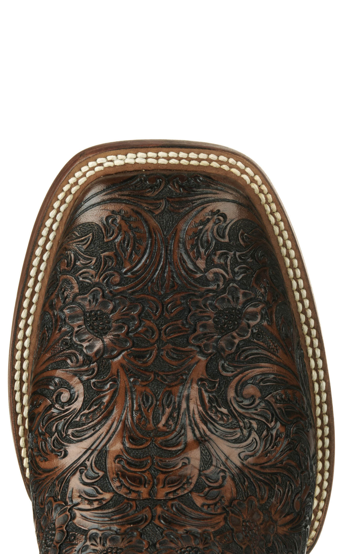 Black Jack Men's Mahogany Black and Brown Hand Tooled Wide Square Toe Cowboy Boots - Image 1
