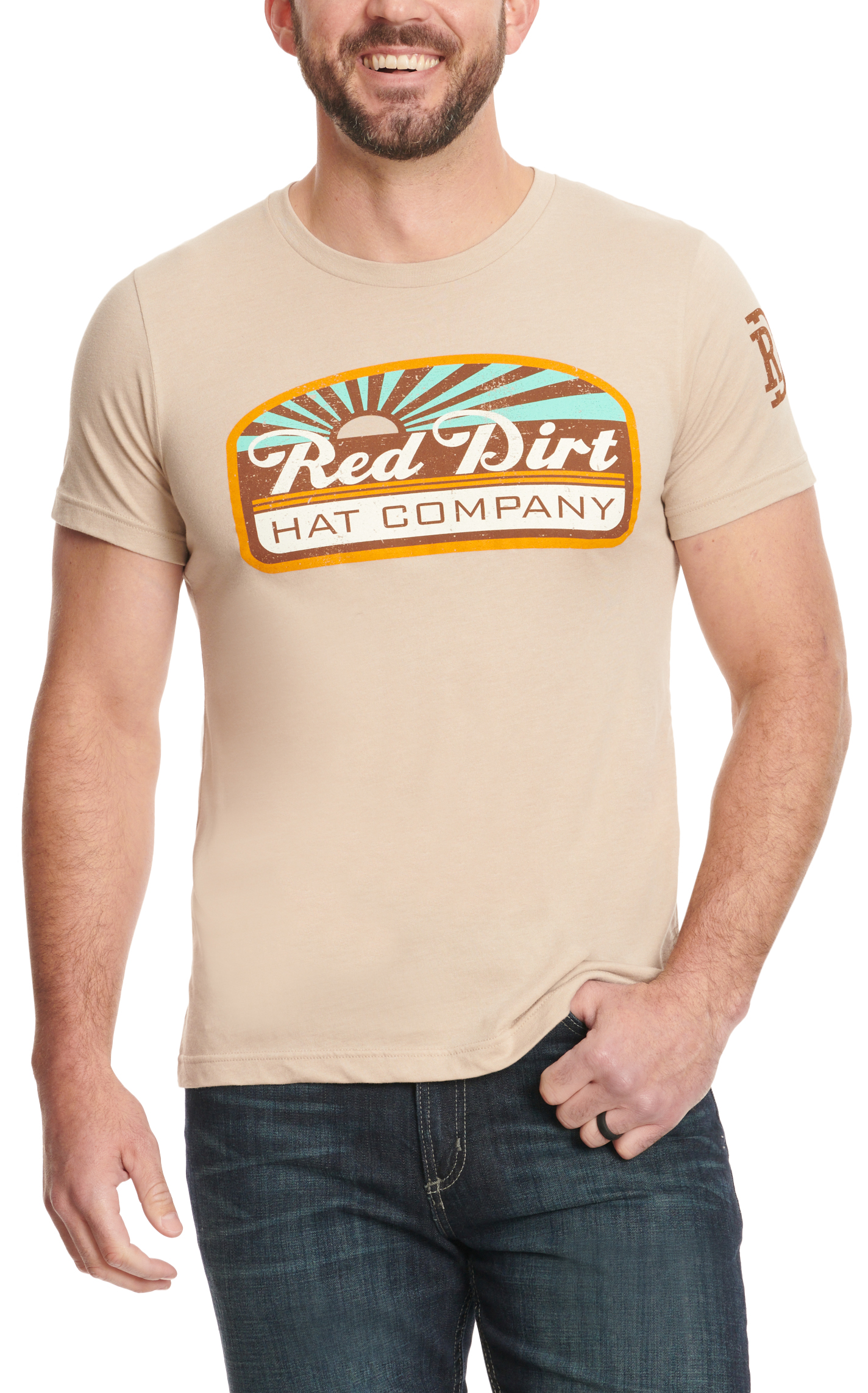 Red Dirt Hat Co. Men's Heather Tan Blue Skies Logo Graphic T-Shirt - Image 1
