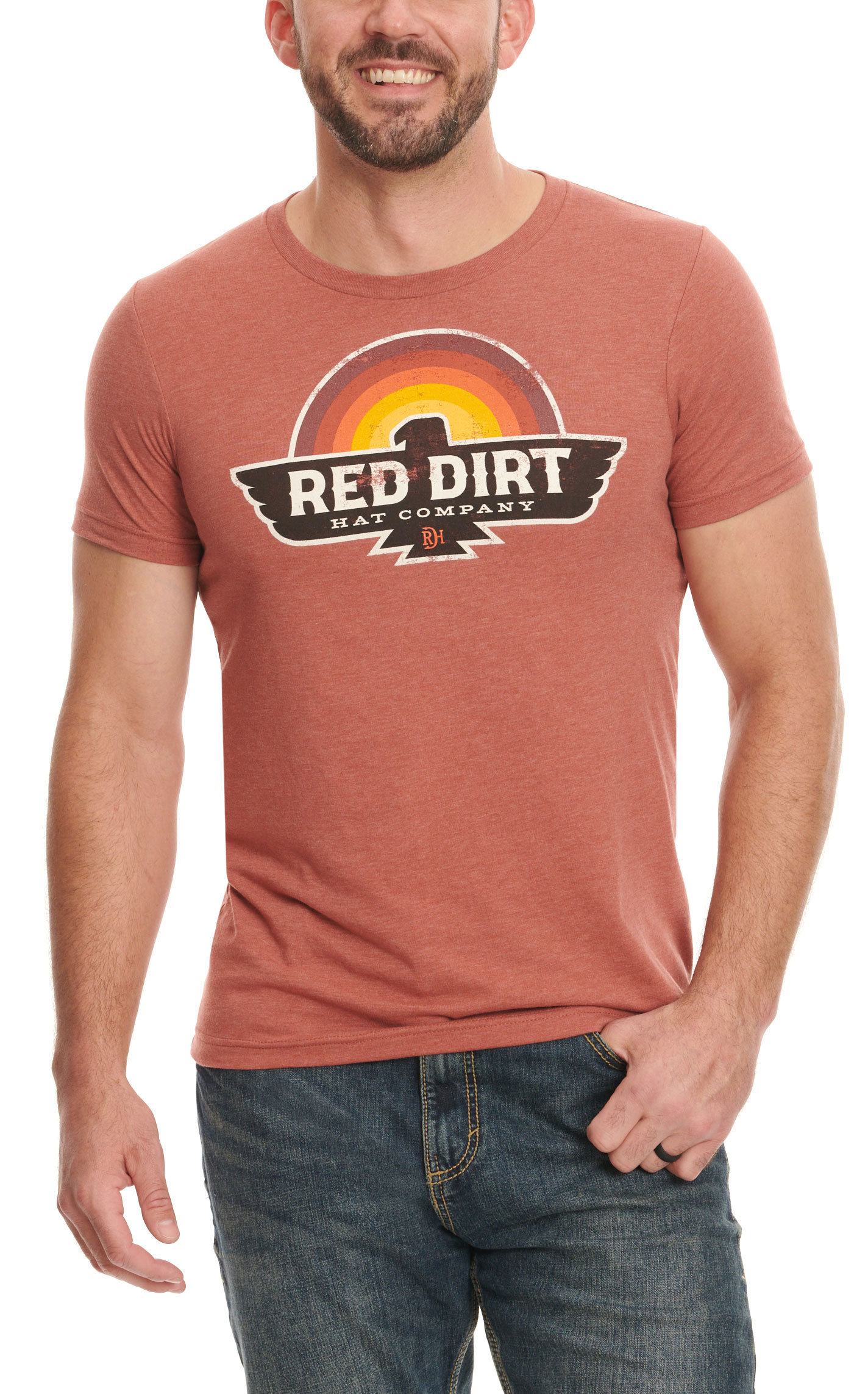 Red Dirt Hat Co. Men's Cinnamon Thunderbird & Sunset Logo Graphic Short Sleeve T-Shirt - Image 1