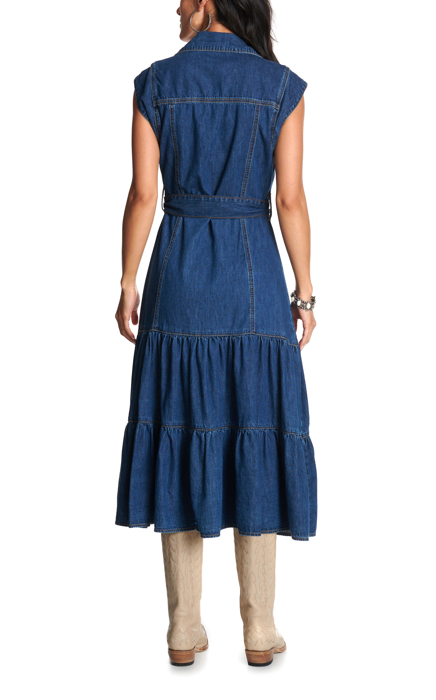 Rockin C Women's Dark Wash Sleeveless Tiered Denim Midi Dress - Image 2