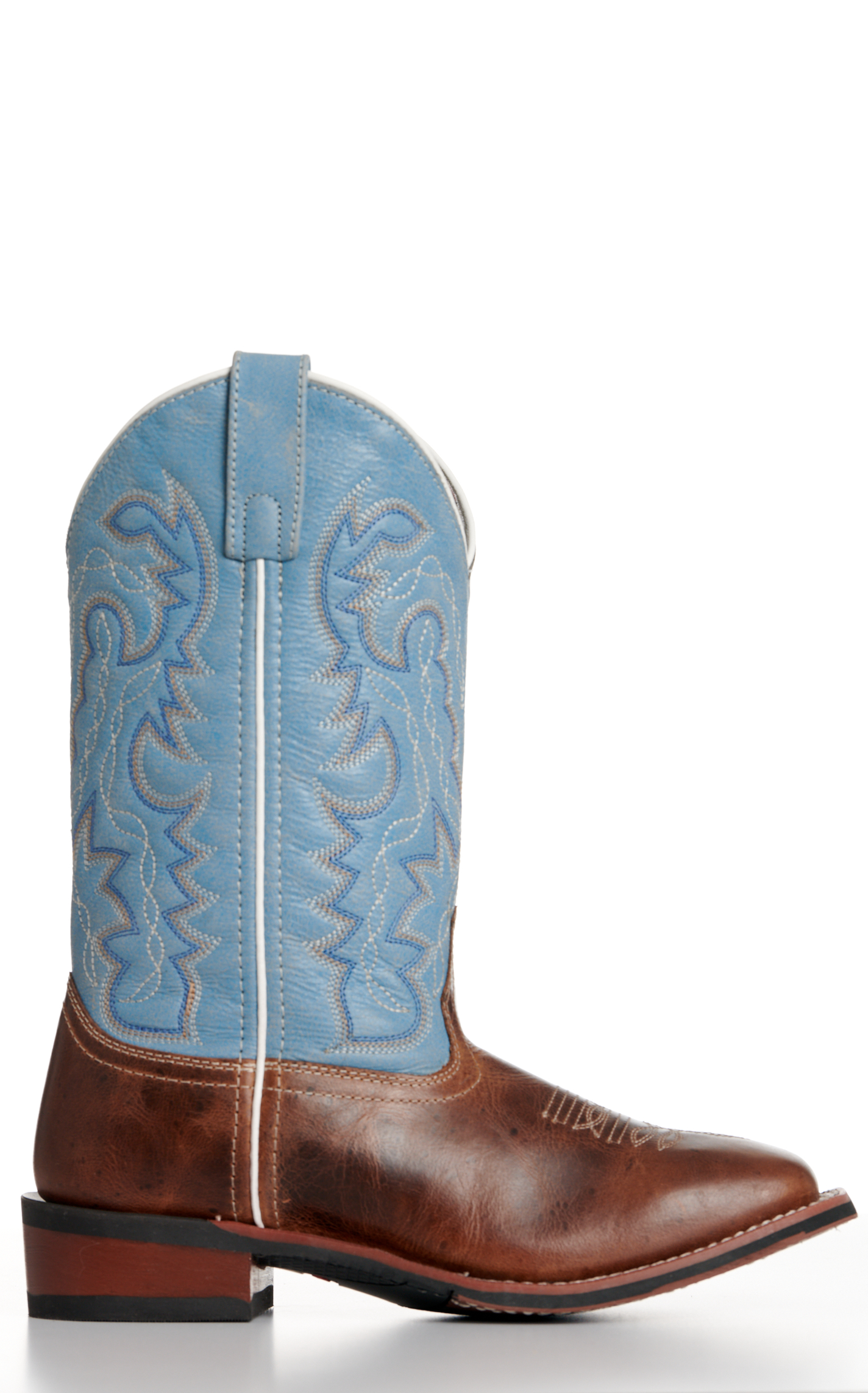 Laredo Women’s Darla Distressed Brown and Sky Blue Wide Square Toe Cowboy Boots - Image 1