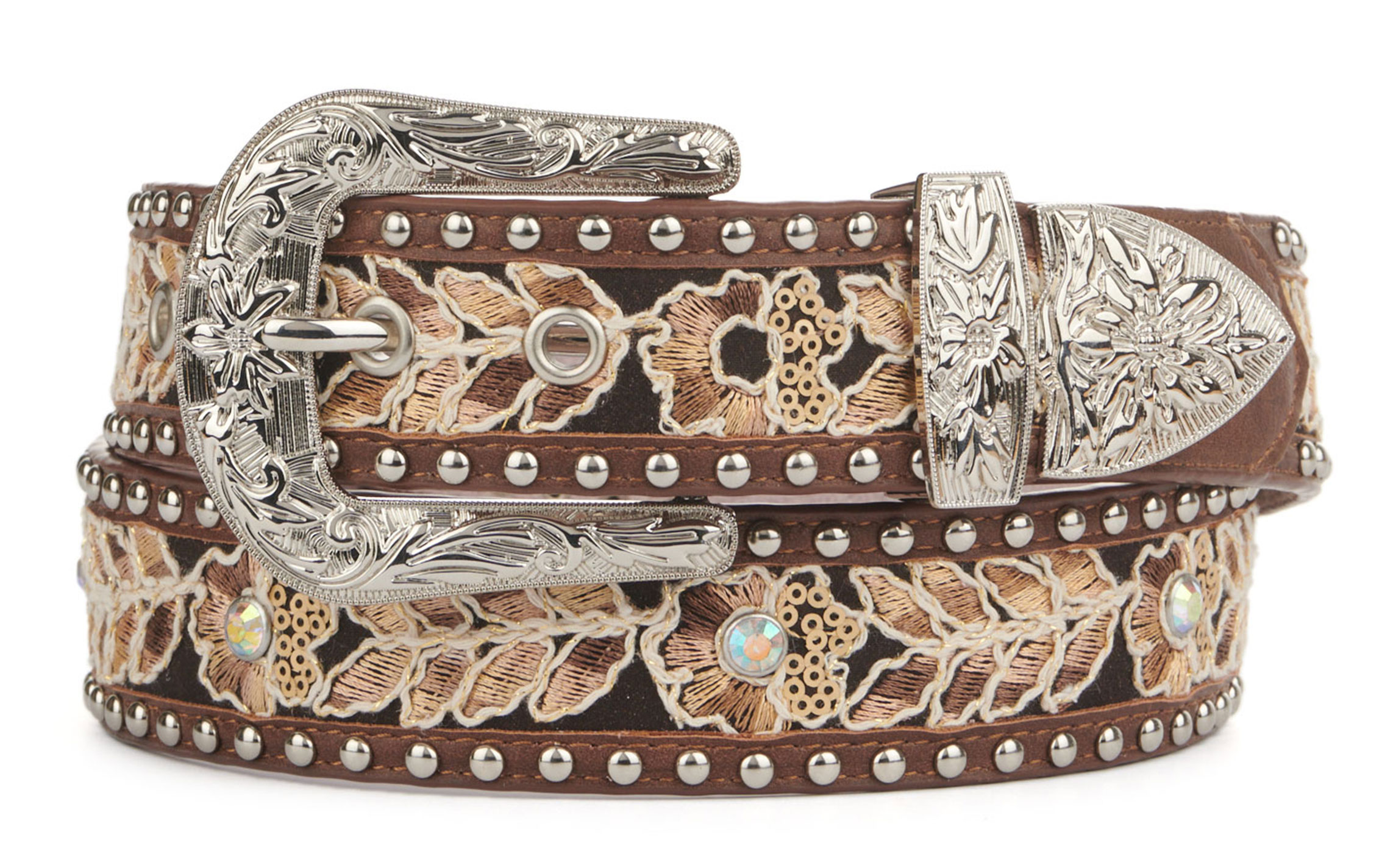 Angel Ranch Women's Brown Leather with Floral Embroidery Crystals and Studs Western Belt  - Image 1