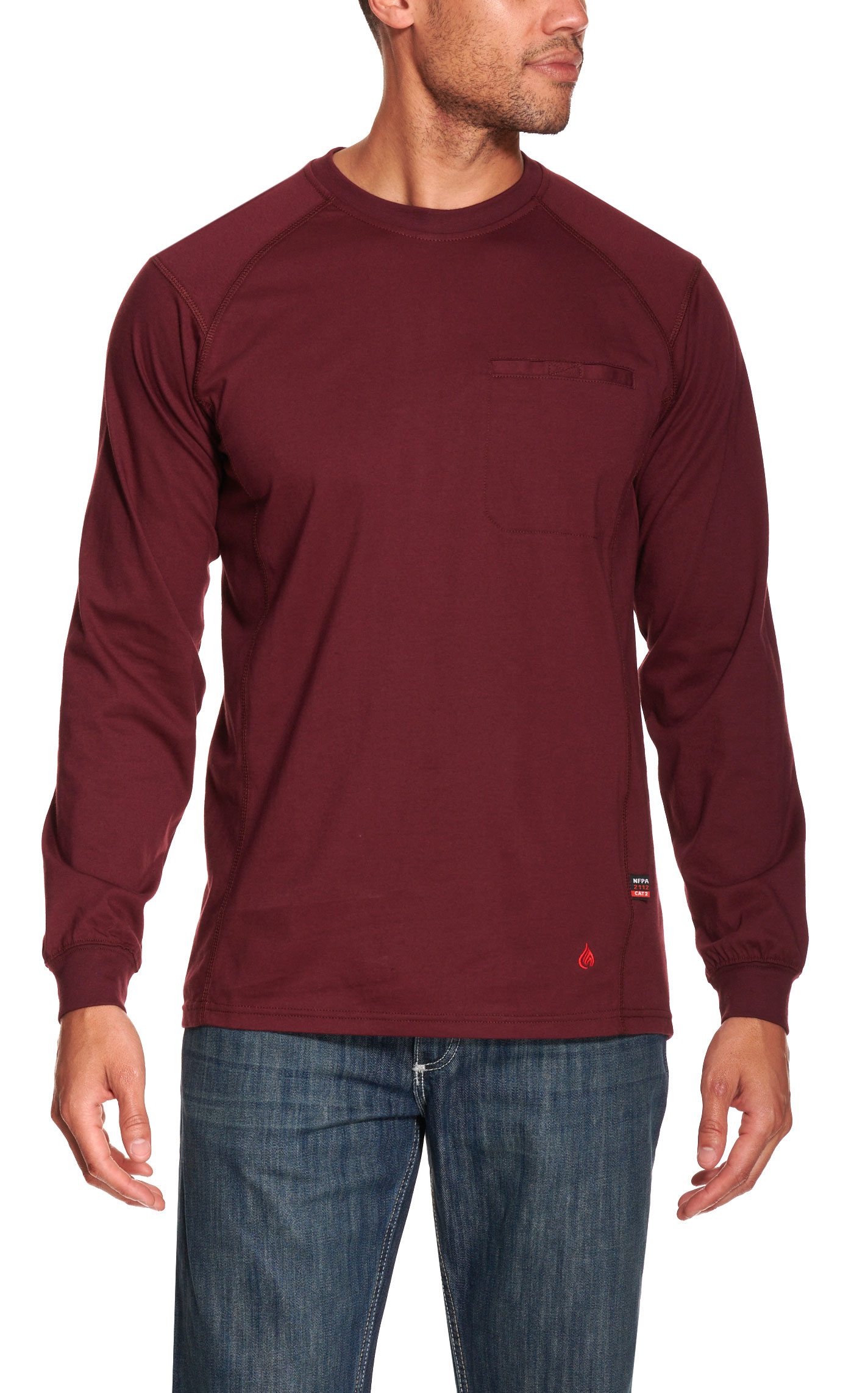 Forge Men's Burgundy Pocket Long Sleeve FR Work T-Shirt - Image 1