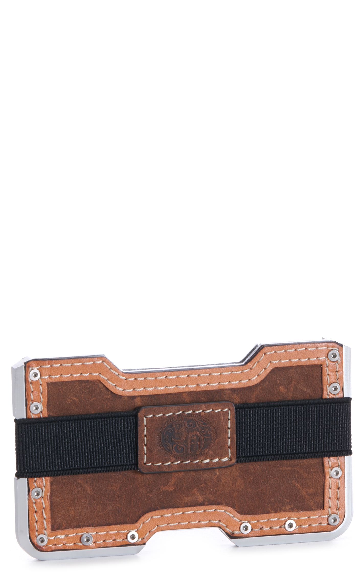 3D Men's Brown Leather and Silver Metal with Black Rivets Card Holder - Image 1