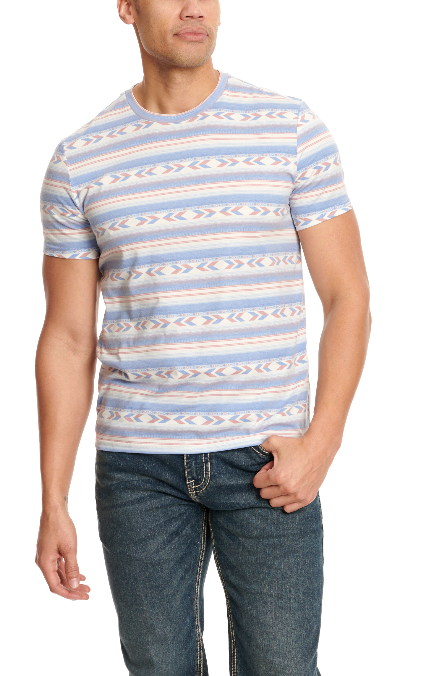 Rock & Roll Denim Men's Cream Cornflower Blue & Rust Aztec Print Short Sleeve T-Shirt - Image 1