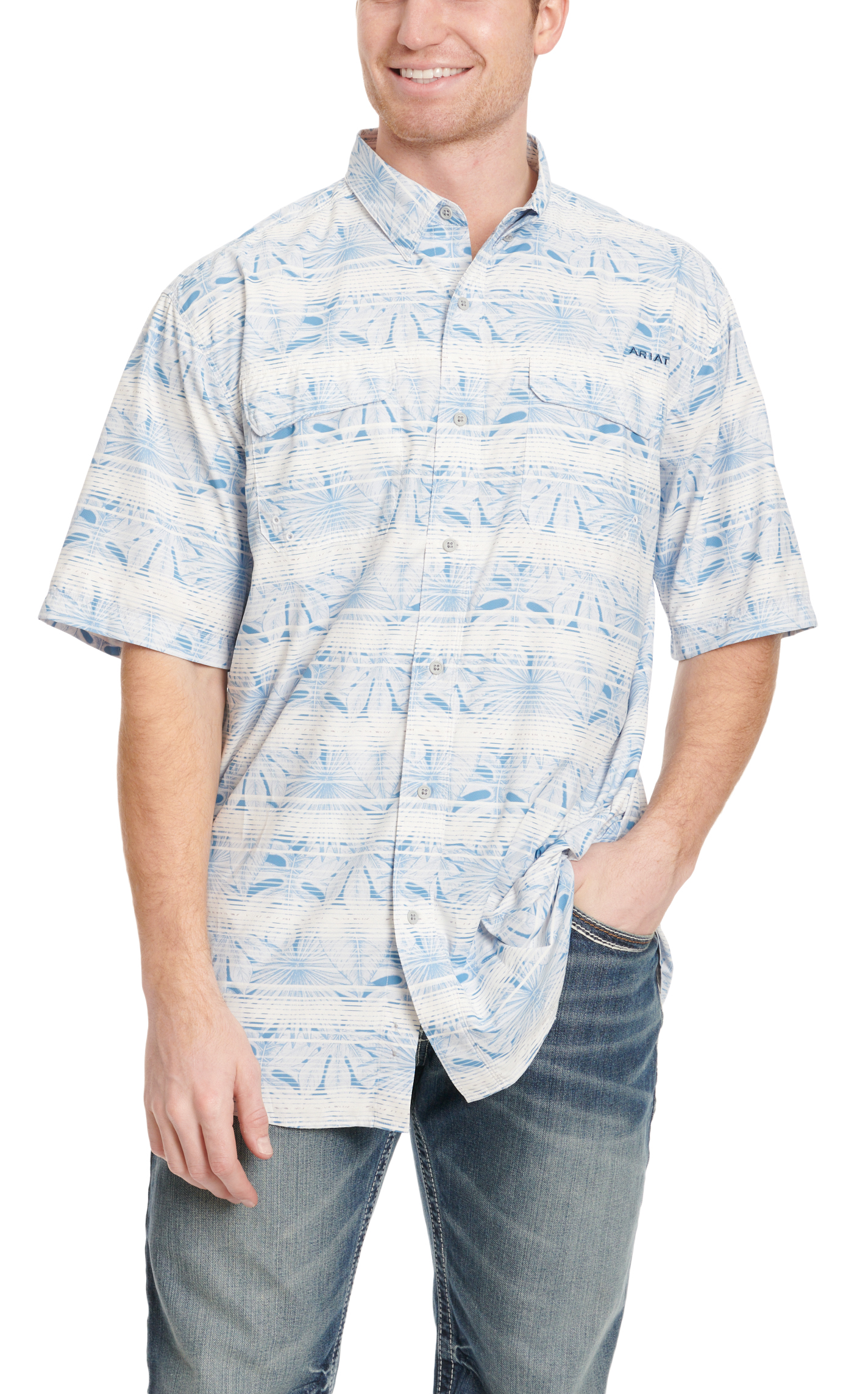 Ariat Men's VentTEK Outbound Cornflower Blue & White Tropical Stripe Short Sleeve Shirt - Image 1