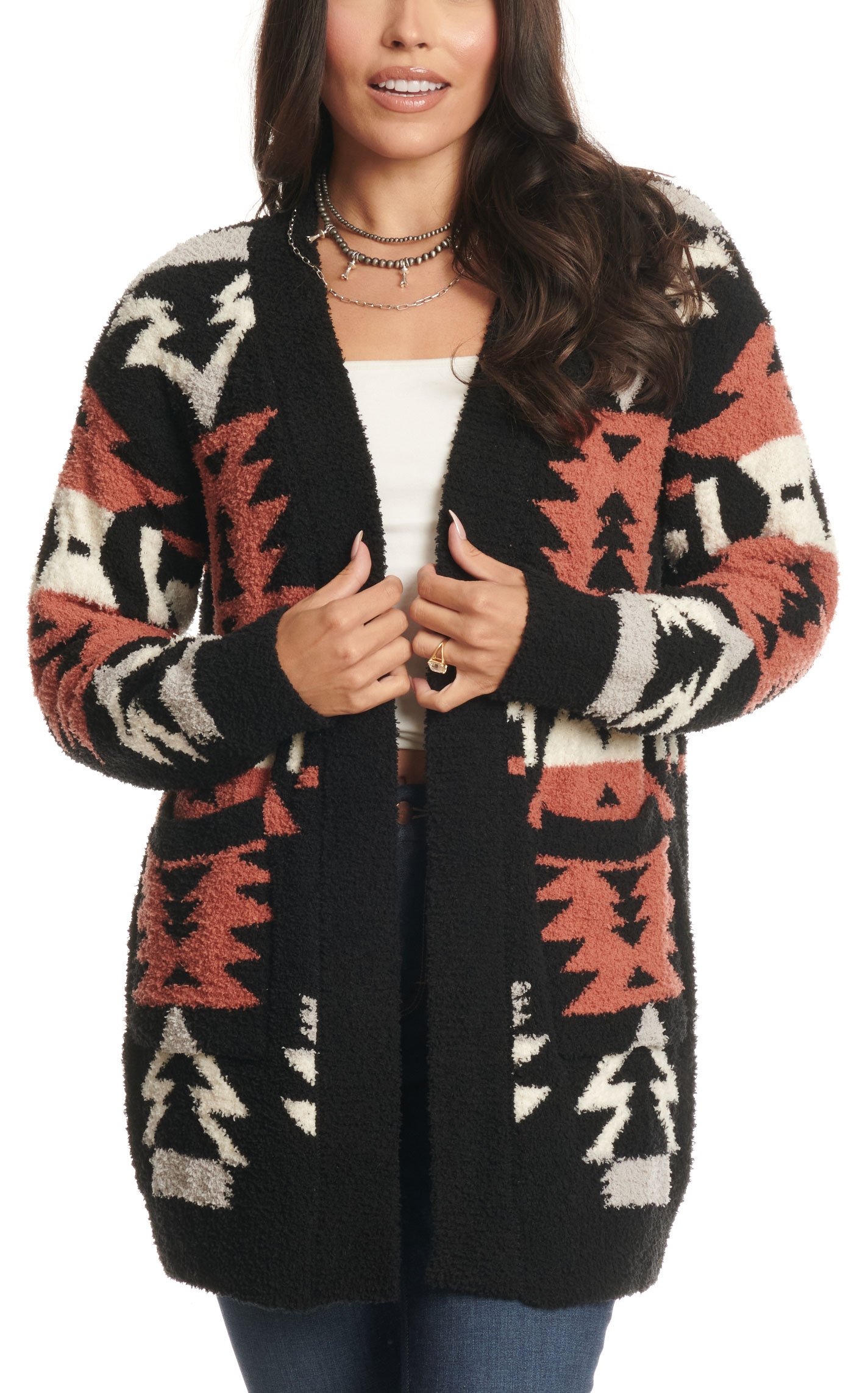 Venario Women's Black & Cinnamon Aztec Print Soft Cardigan - Image 1