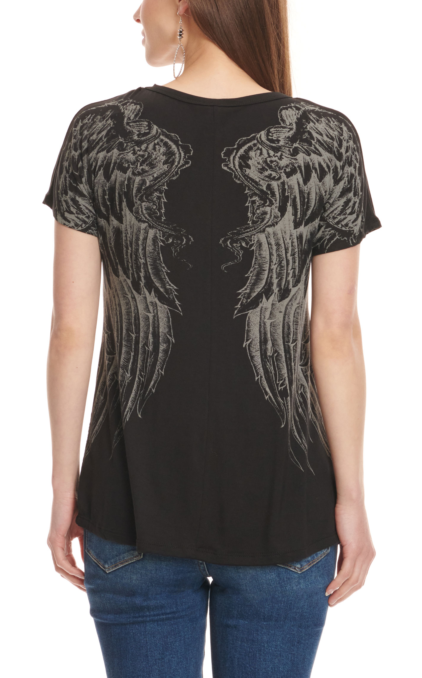 Liberty Wear Women's Black Bling Wings Shredded V Front Short Sleeve Top  - Image 3