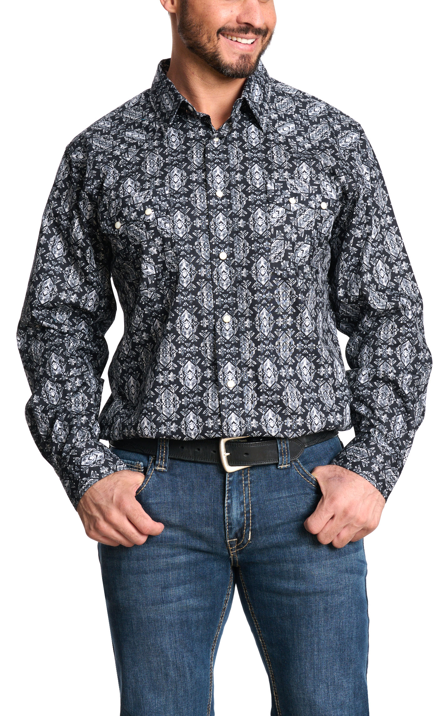 Panhandle Men's Black & Gray Aztec Western Shirt - Image 1