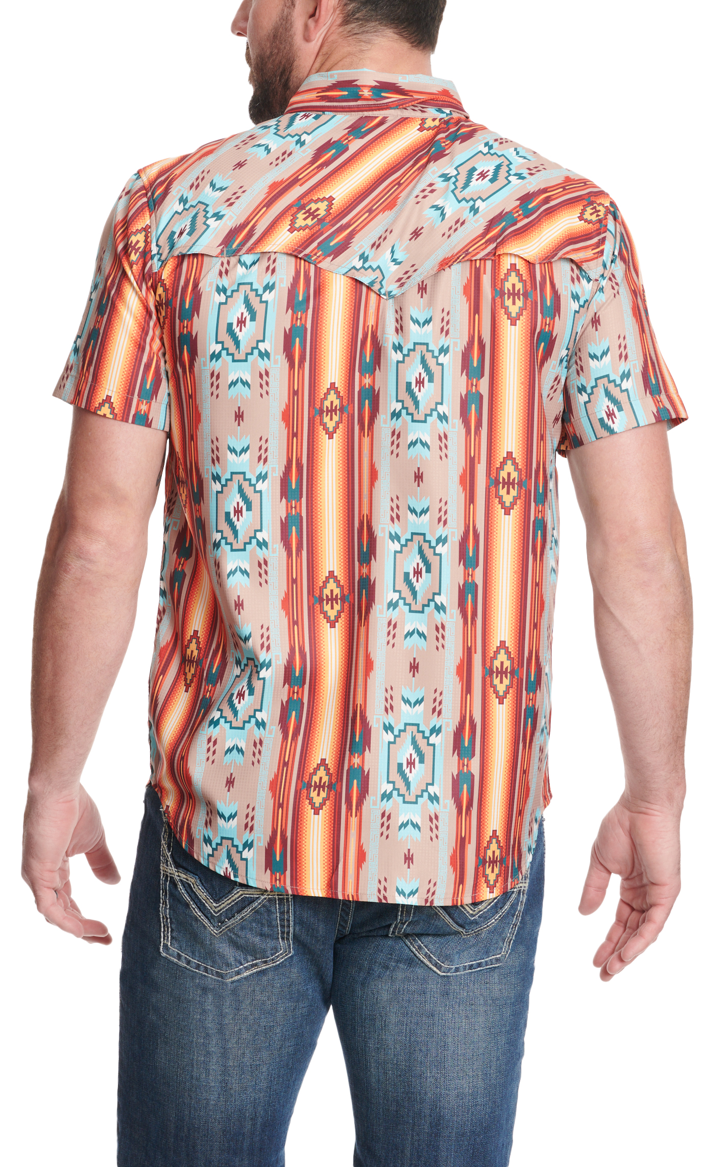 Rock & Roll Denim Men's Taupe & Sunset Aztec Print TEK Western Short Sleeve Shirt - Image 1