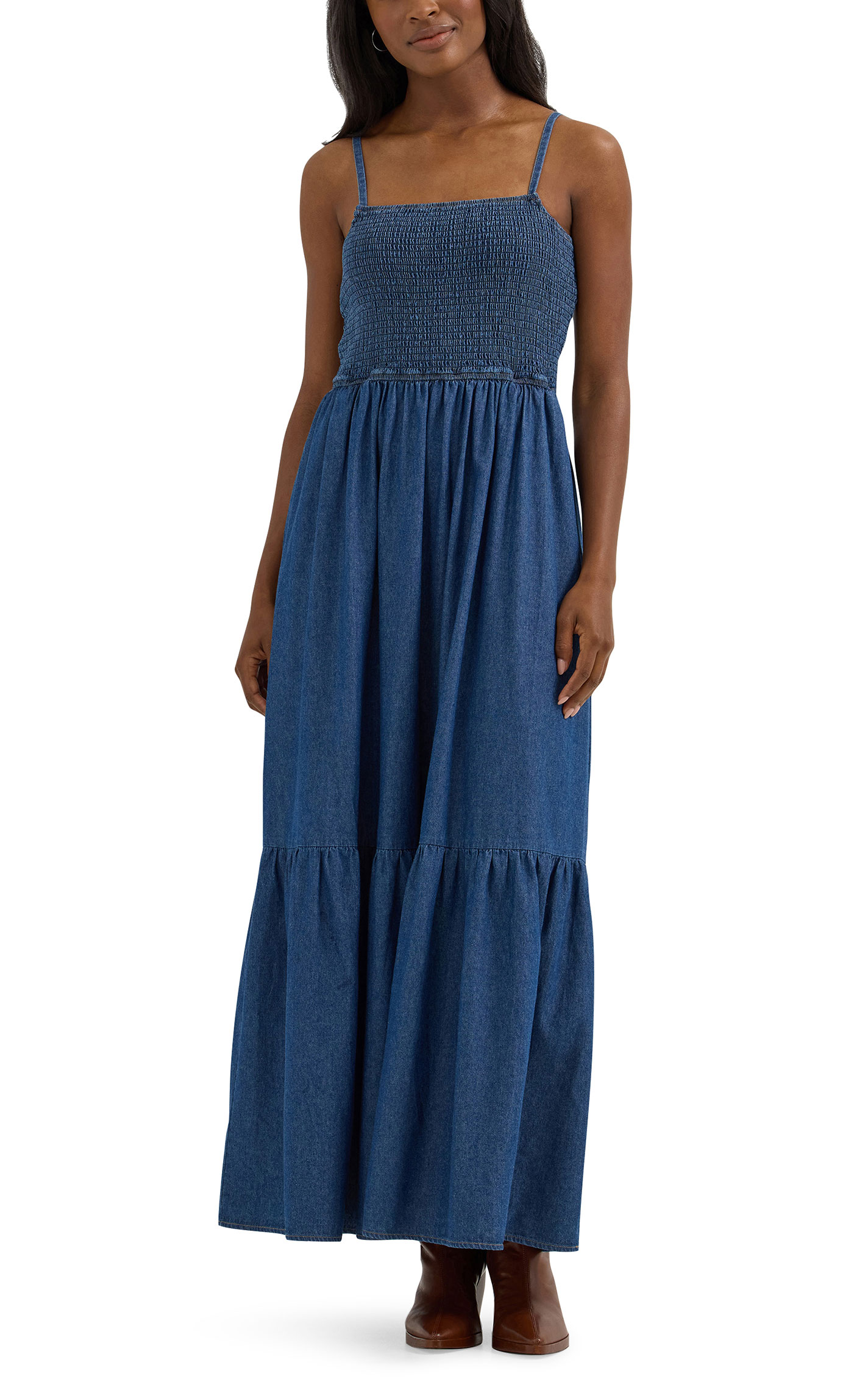 Wrangler Women's Medium Wash Denim Smocked Maxi Dress - Image 1