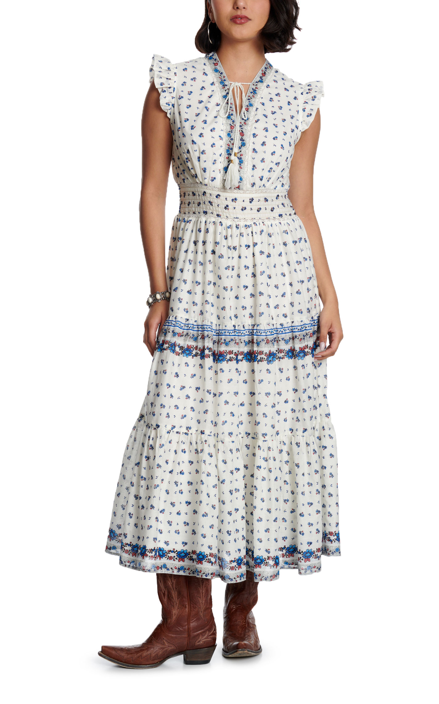 Cotton & Rye Women's Blue & White Floral Print Peasant Dress - Image 1