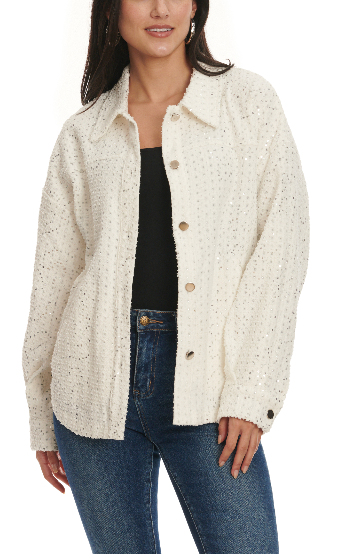 Mainstrip Women's White Fully Covered with Silver Sequins & Crystals Long Sleeve Top - Image 1
