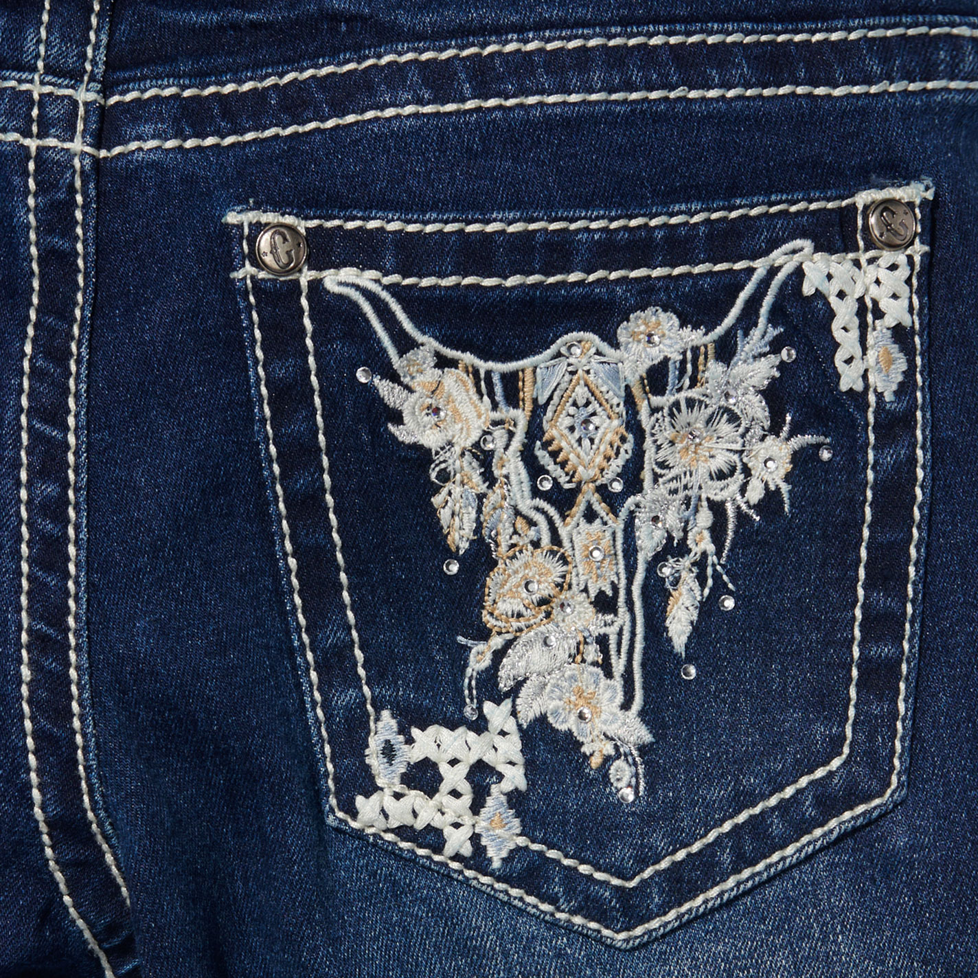 Rockin C Girl's Dark Wash Floral Skull Bootcut Jeans - Image 1
