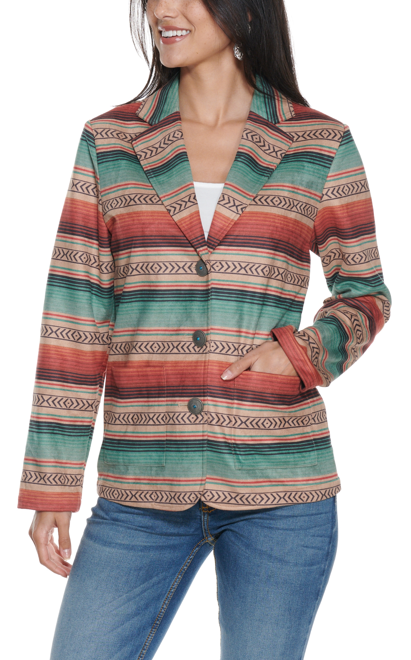 Fashion Express Women's Turquoise and Tan Serape Blazer Jacket - Image 1