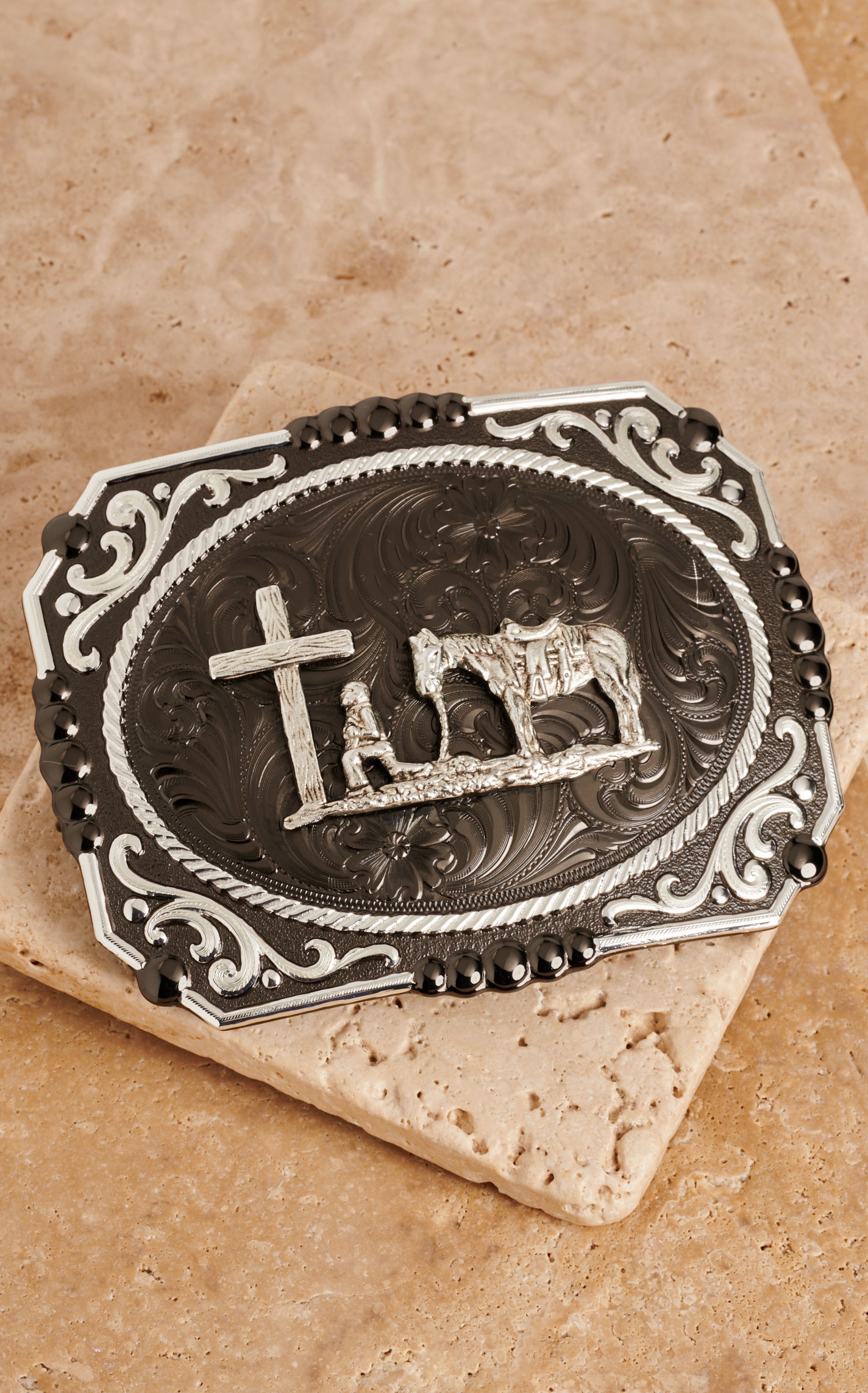 Montana Silversmiths Gunmetal Cameo Filigree with Christian Cowboy Belt Buckle - Image 1