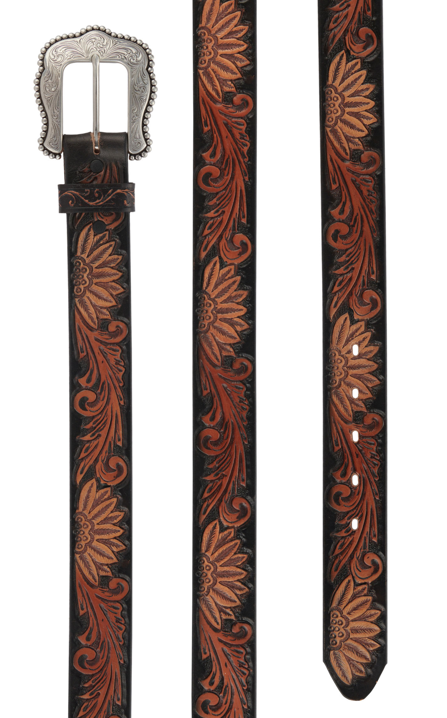 Tony Lama Women's Daisy Delheart Floral Black and Tan Tooled Belt - Image 1