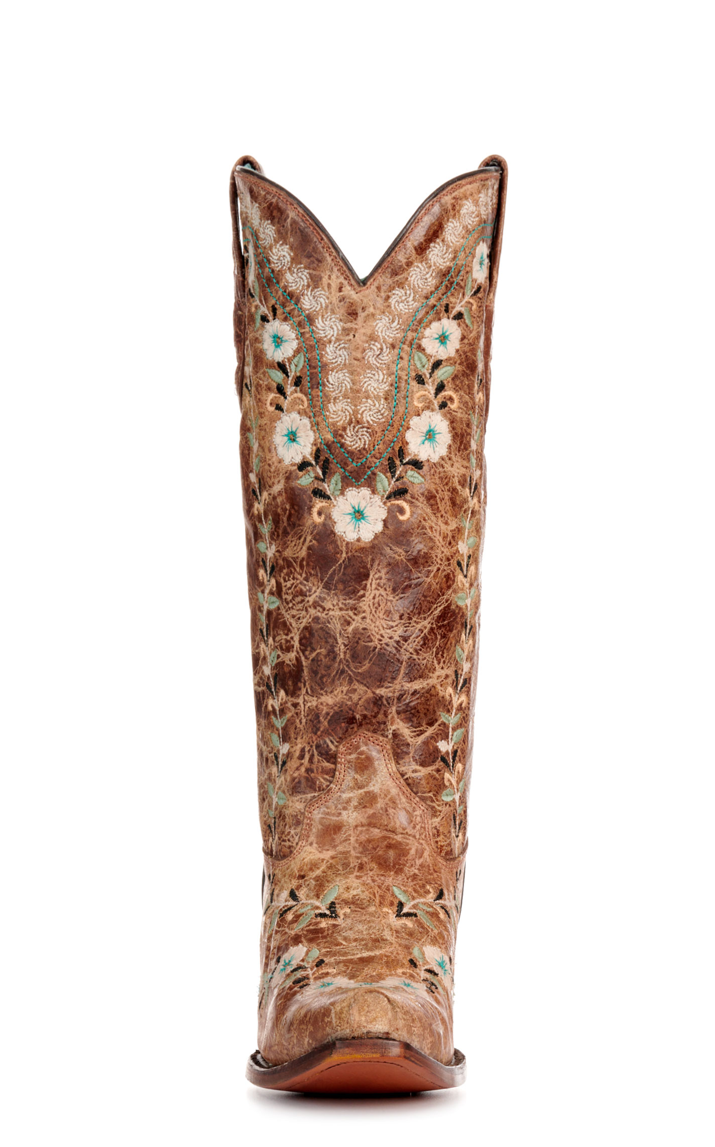 Corral Women's Distressed Cognac with Floral Embroidery Glow in the Dark Snip Toe Cowboy Boots - Image 1