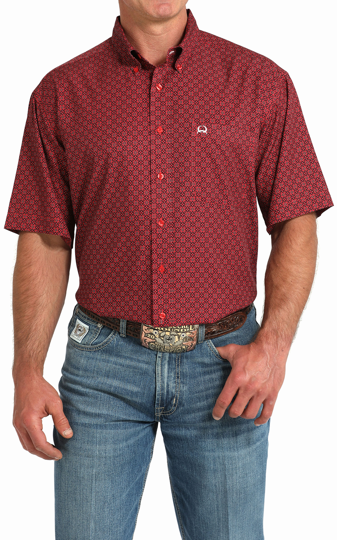 Cinch Men's ArenaFlex Red & Black Geo Print Western Shirt - Image 1