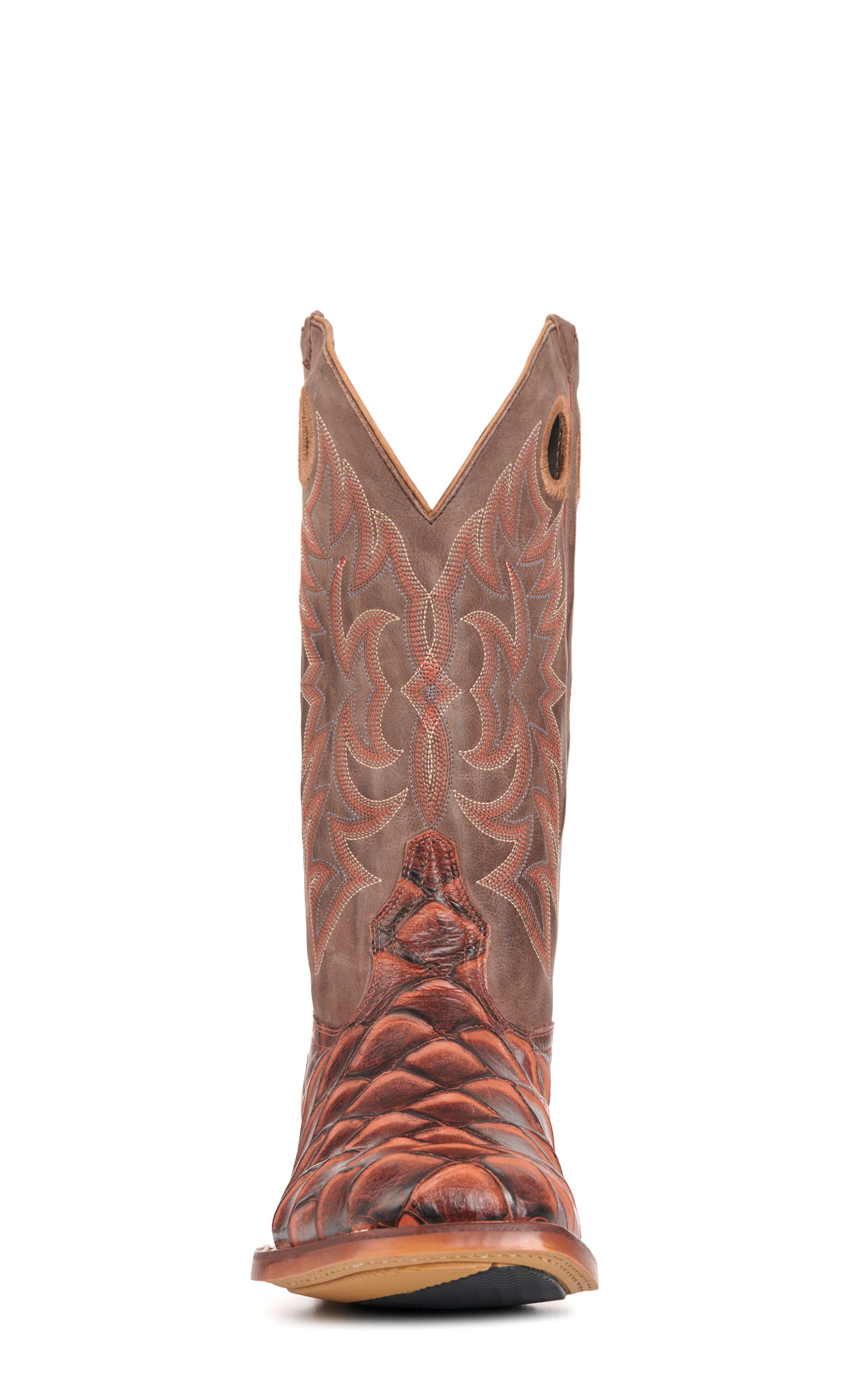 Cavender's Men's Intrepid Chocolate and Whisky Pirarucu Print Wide Square Toe Cowboy Boots - Image 1