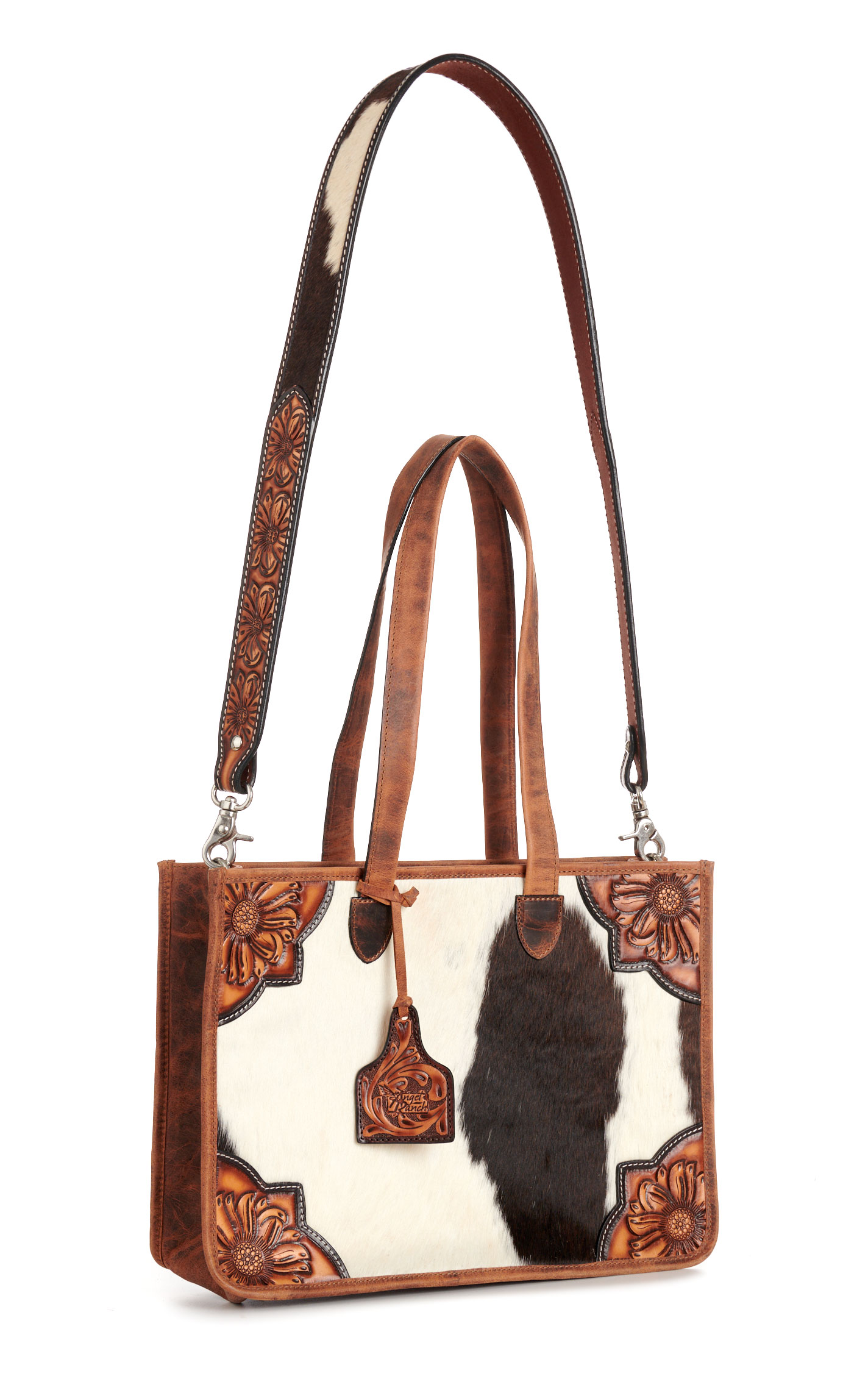 Angel Ranch Caramel Leather Tooled Sunflowers Cream & Black Hair on Hide Crossbody Concealed Carry Tote - Image 1
