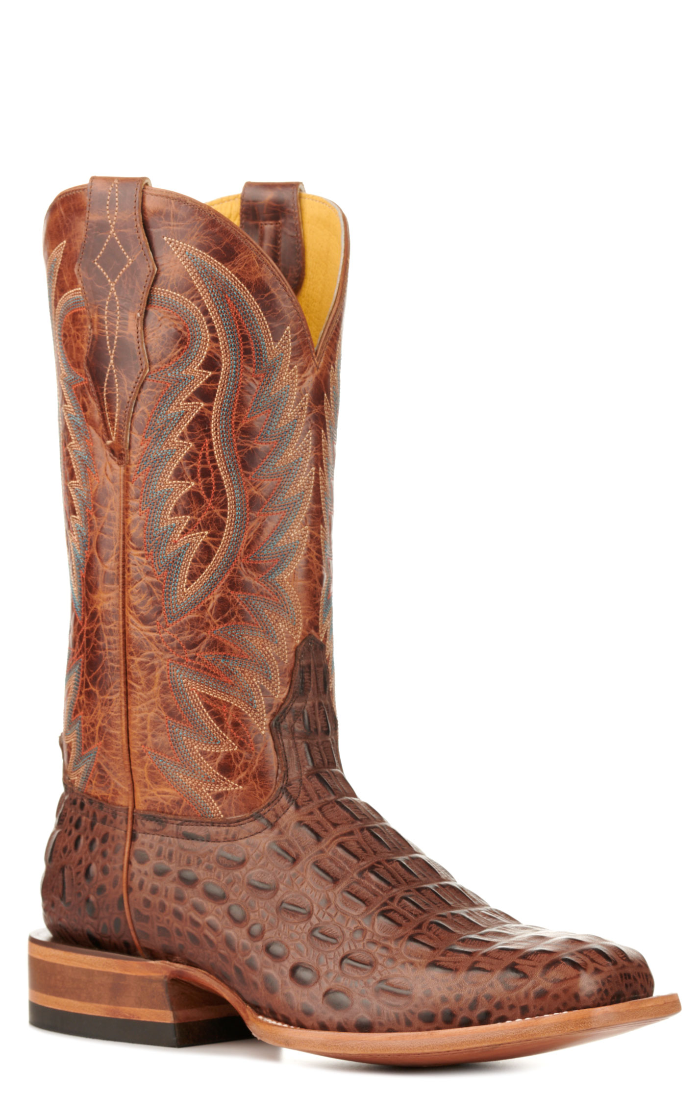 Cavender's Men's Brass and Chocolate Caiman Print Wide Square Toe Cowboy Boots - Image 1