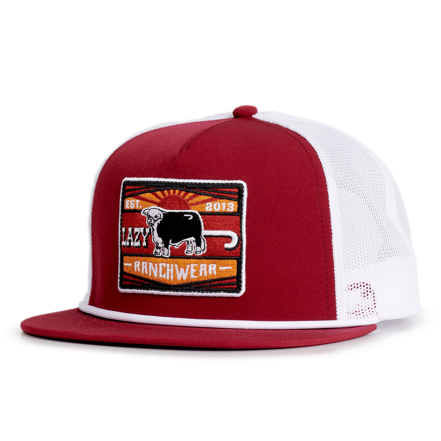 Lazy J Ranch Wear Maroon & White Patch & Rope Flat Bill Mesh Cap - Image 1