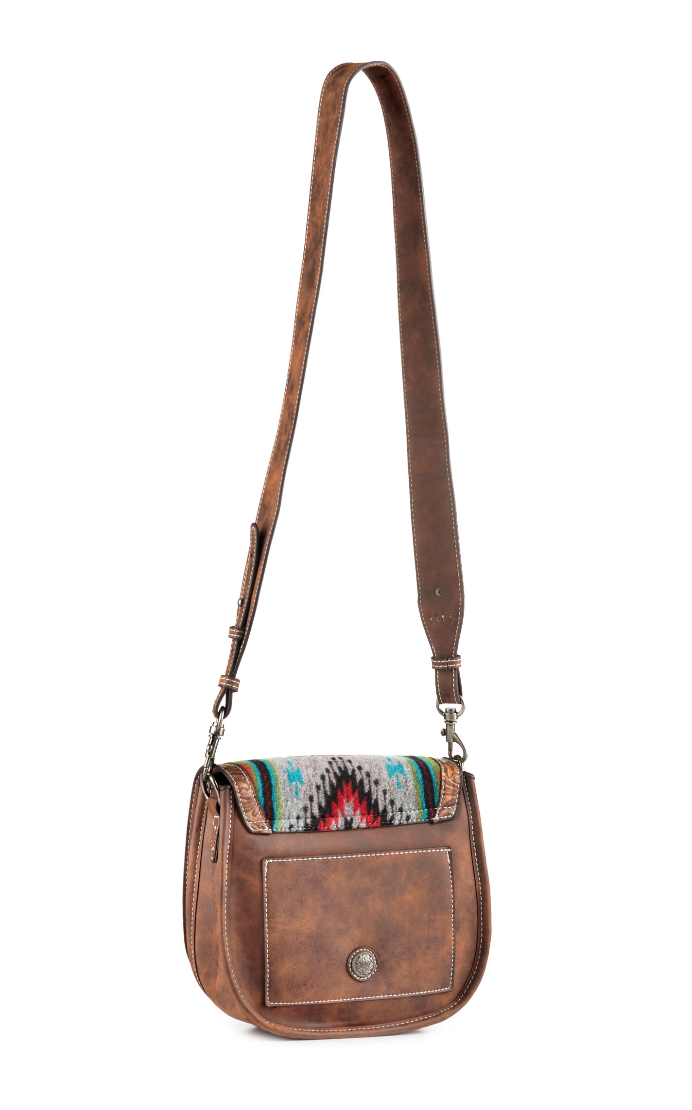 Justin Pecan Floral Tooled Genuine Leather & Southwest Colorful Blanket Fringe Accent Saddle-Bag  - Image 1