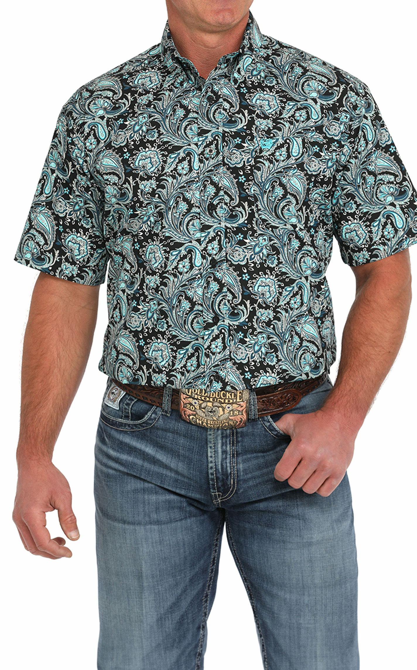 Cinch Men's Black & Teal Paisley Print Short Sleeve Western Shirt - Image 1