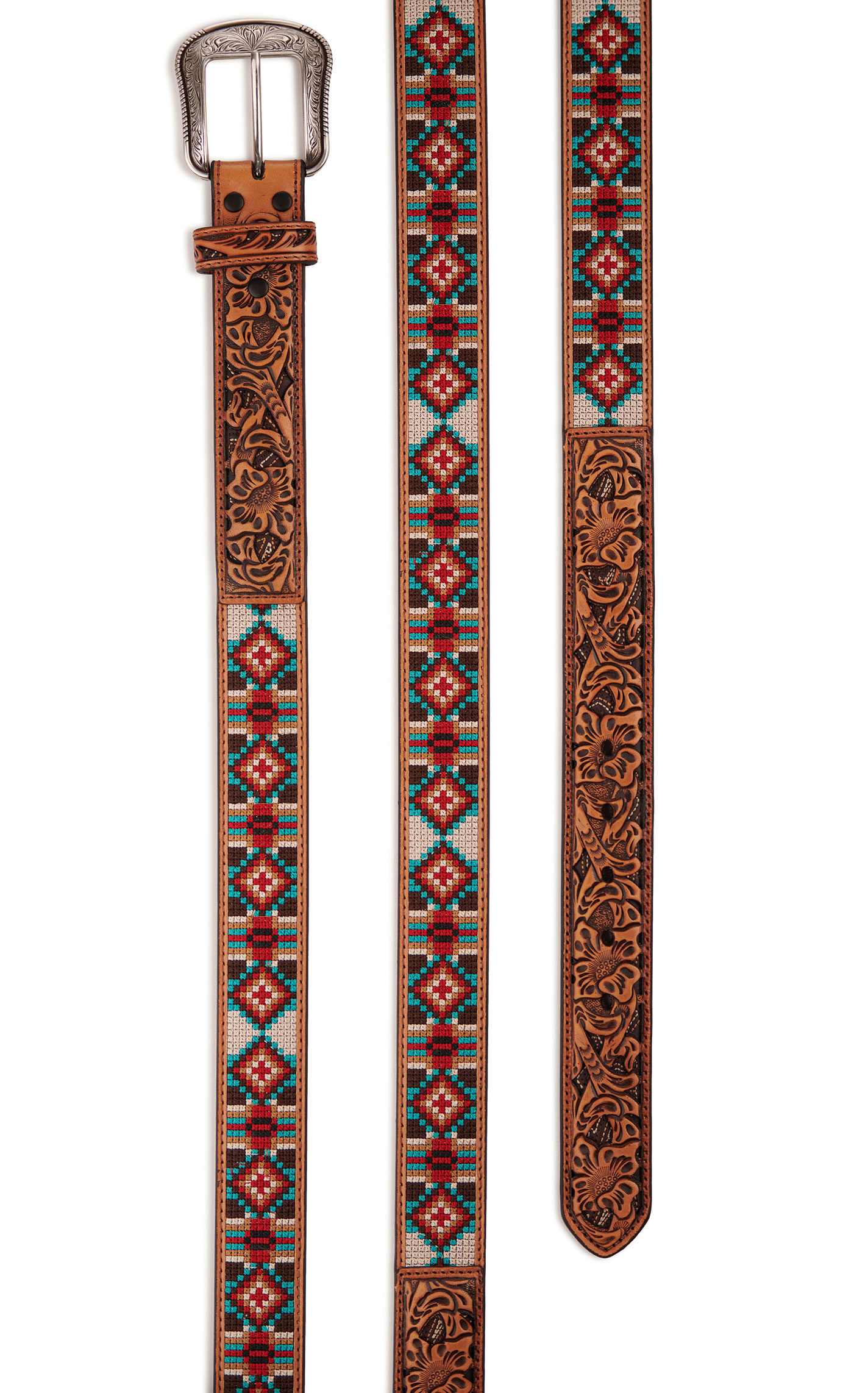 3D Belt Co Men's Brown with Tan, Red and Turquoise Aztec Stitch Western Belt - Image 1