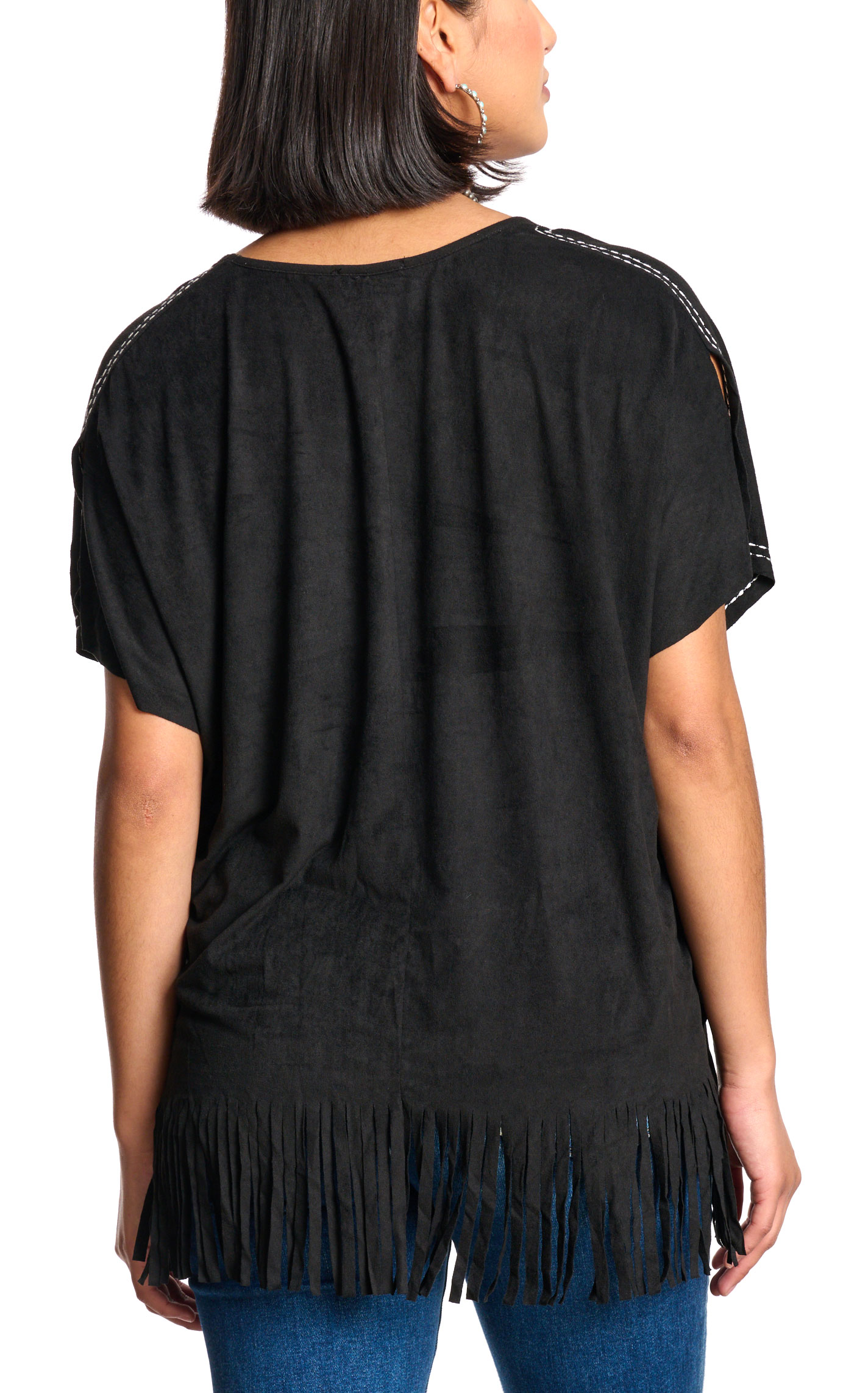 Cowgirl Hardware Women's Black Faux Suede Fringed Poncho Top - Image 1